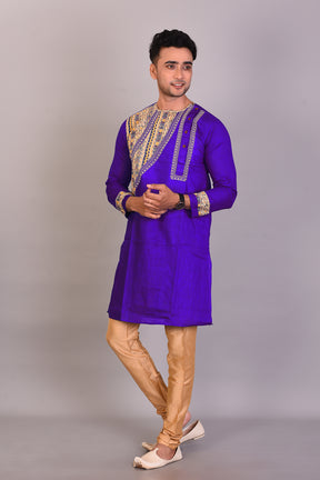 Long Royal Blue Silk Kurta with Full Sleeves