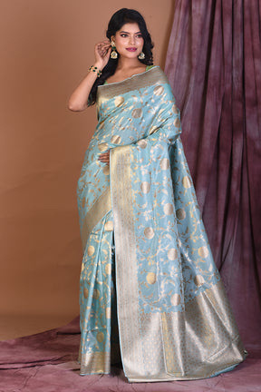 Light Blue Blended Katan Saree with Golden Zari - Keya Seth Exclusive