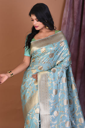 Light Blue Blended Katan Saree with Golden Zari - Keya Seth Exclusive