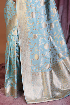 Light Blue Blended Katan Saree with Golden Zari - Keya Seth Exclusive