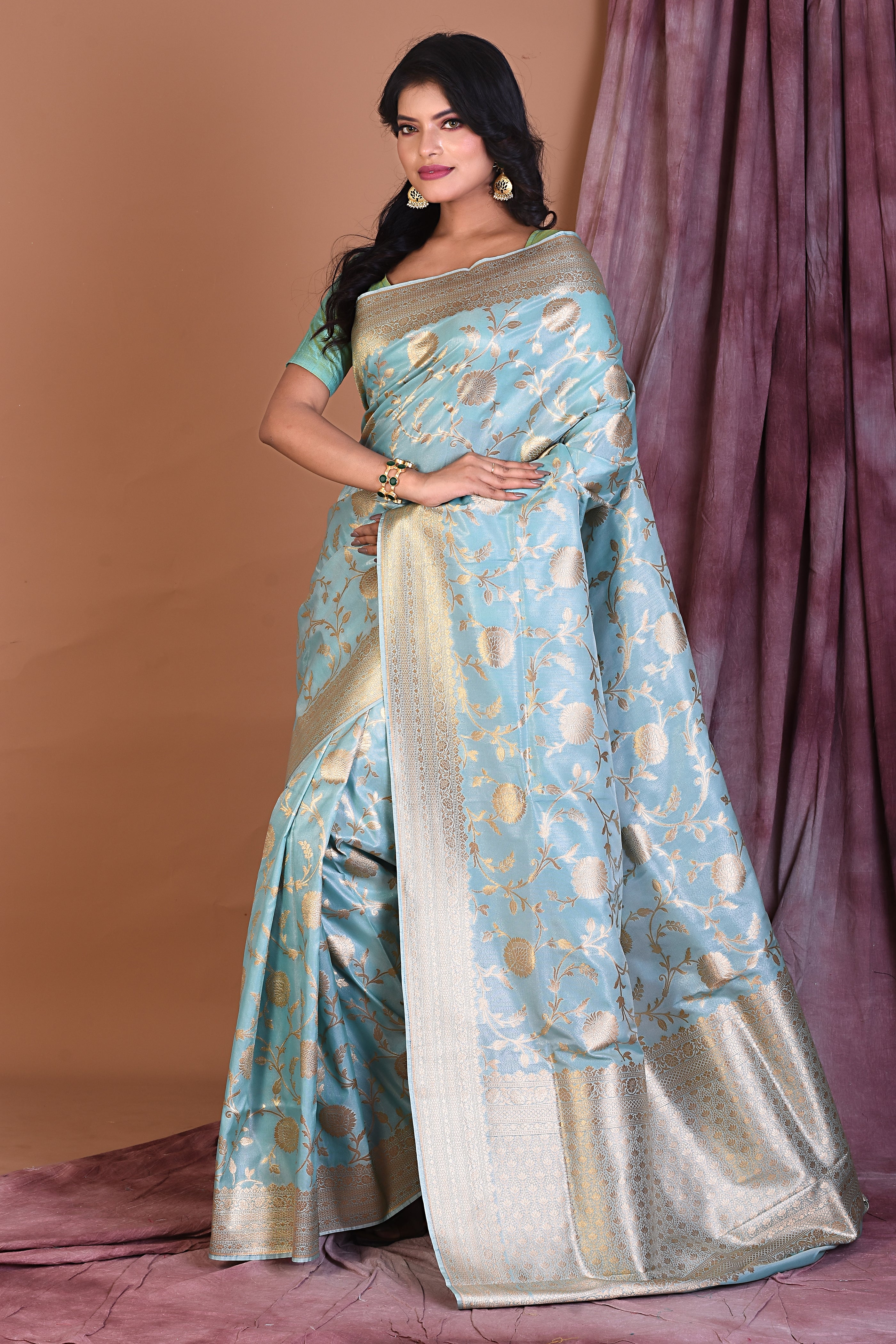 Light Blue Blended Katan Saree with Golden Zari - Keya Seth Exclusive