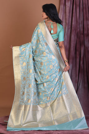 Light Blue Blended Katan Saree with Golden Zari - Keya Seth Exclusive