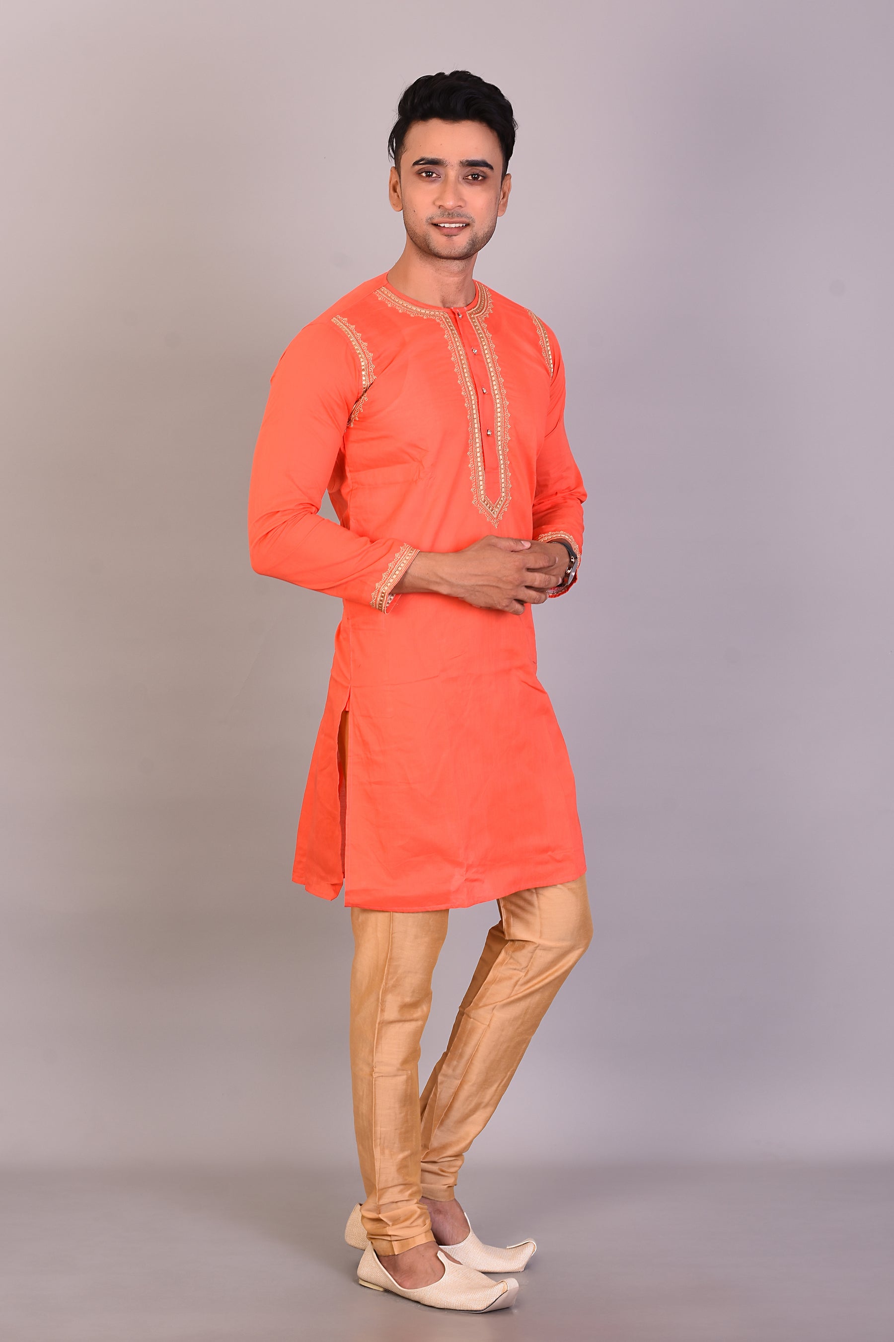 Long Orange Silk Kurta with Full Sleeves