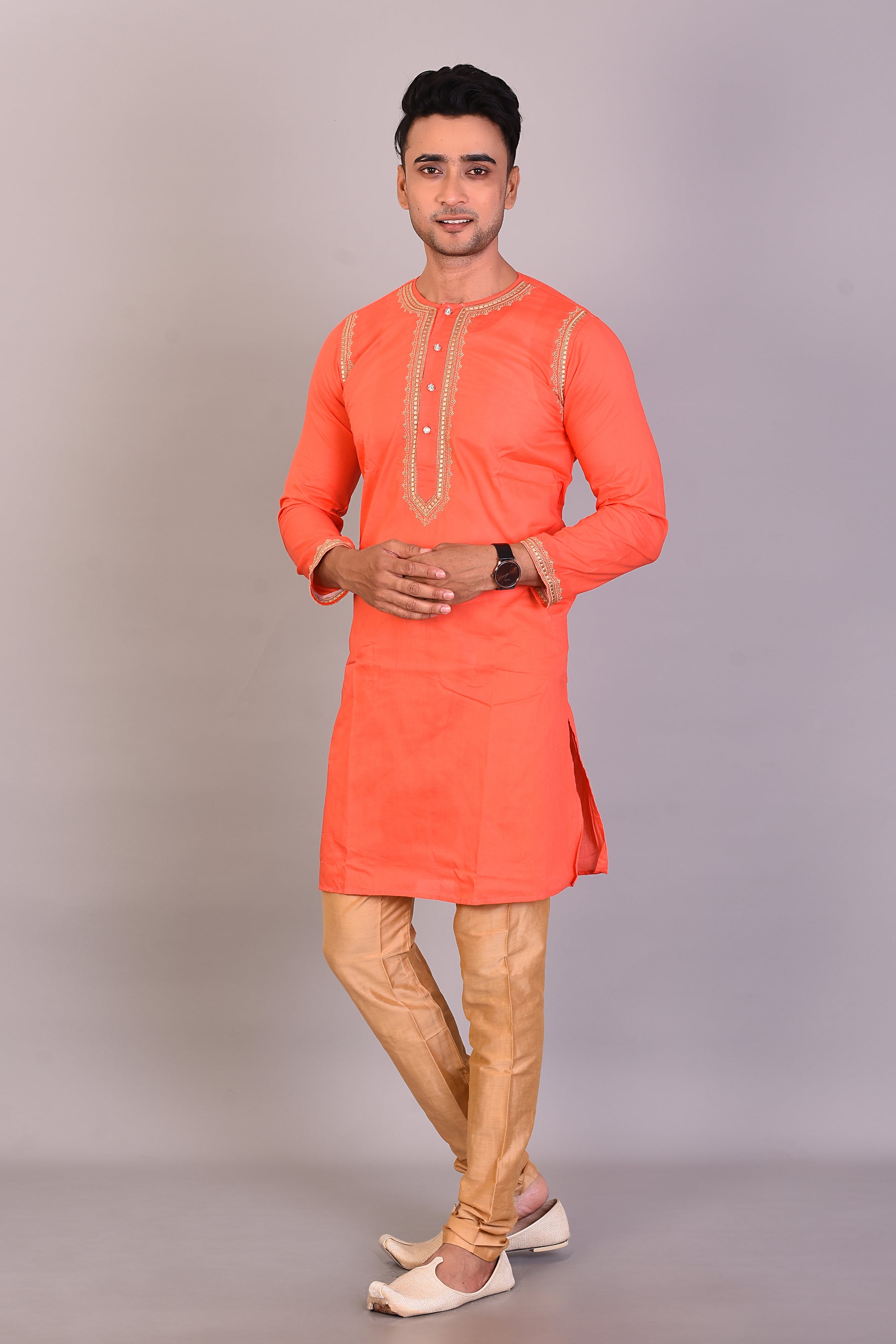 Long Orange Silk Kurta with Full Sleeves