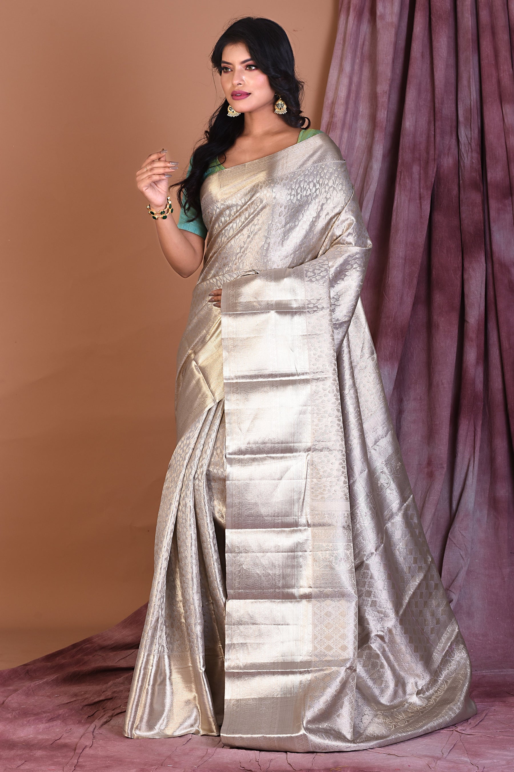 Grey Pure Kanjivaram Saree with Zari Work - Keya Seth Exclusive