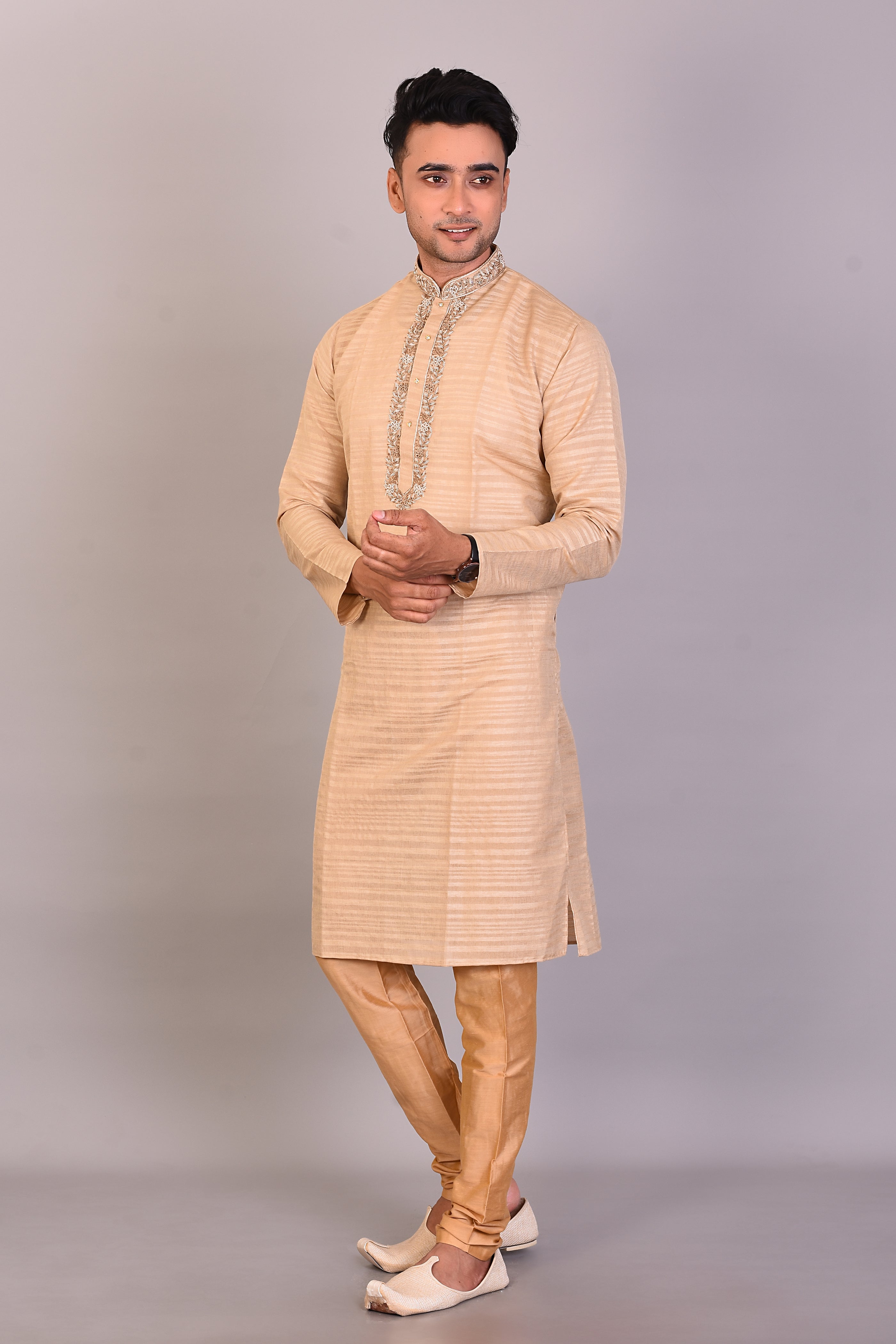 Long Tussar Silk Kurta with Full Sleeves