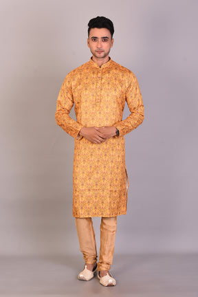 Long Yellow Printed Silk Kurta with Full Sleeves