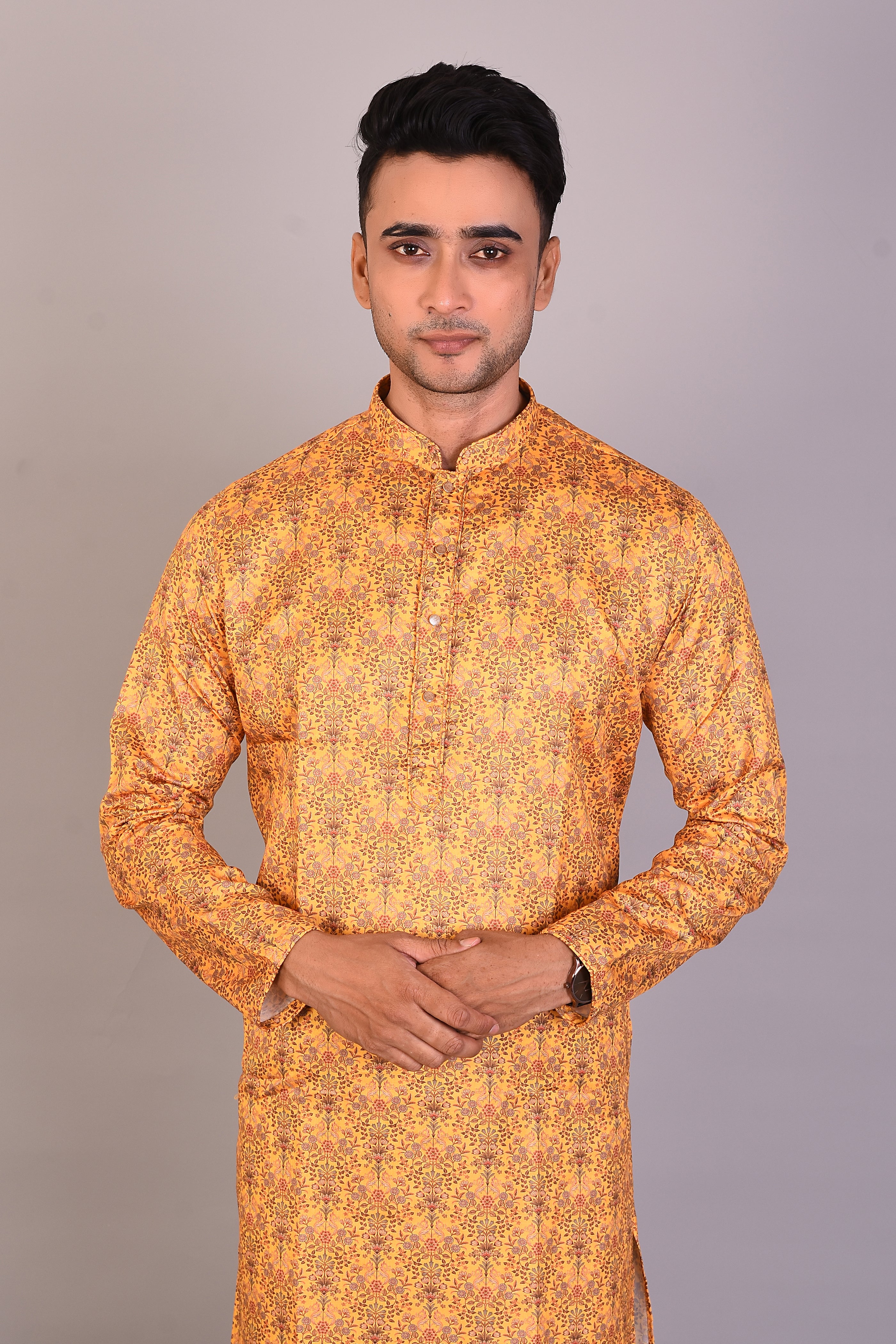 Long Yellow Printed Silk Kurta with Full Sleeves