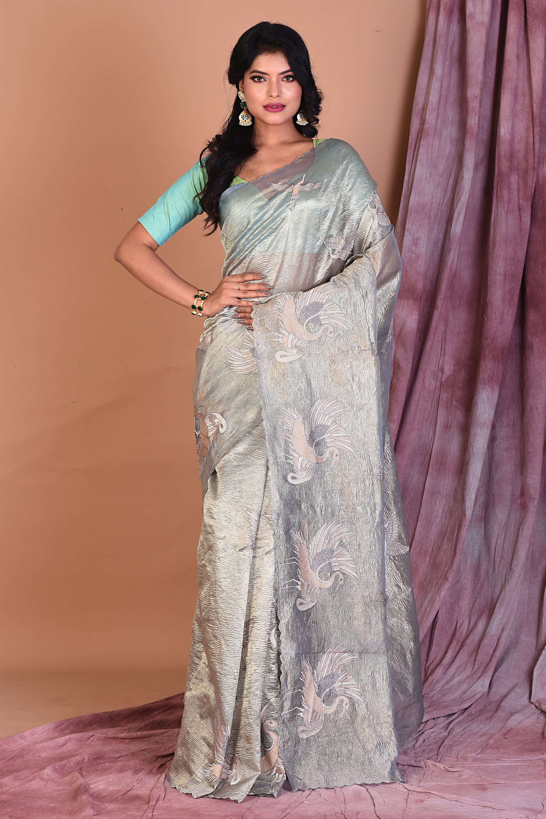 Sea Green Crushed Tissue Saree with Golden Zari - Keya Seth Exclusive