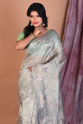 Sea Green Crushed Tissue Saree with Golden Zari - Keya Seth Exclusive