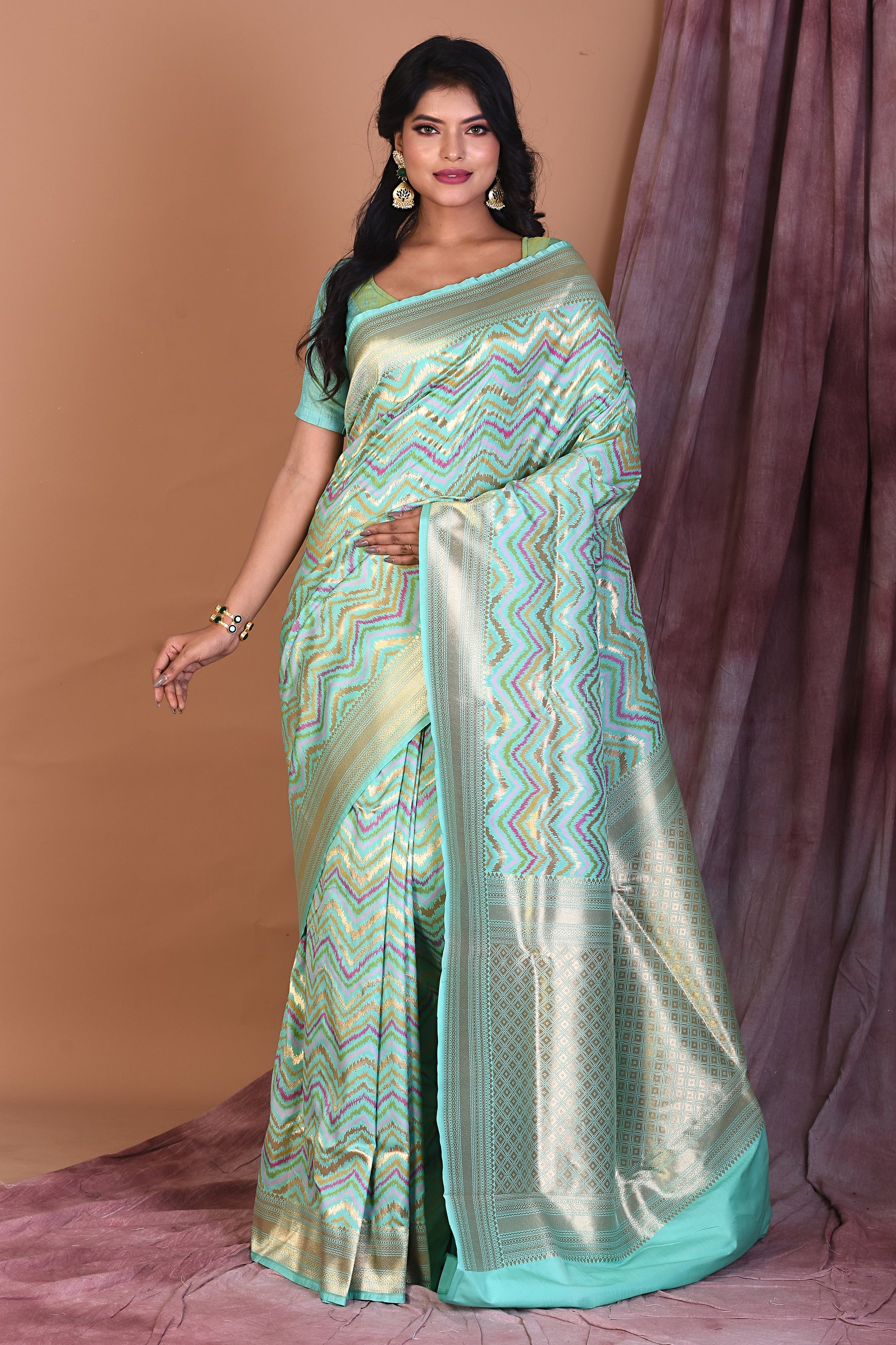 Mint Green Blended Katan Saree with Zari Work - Keya Seth Exclusive