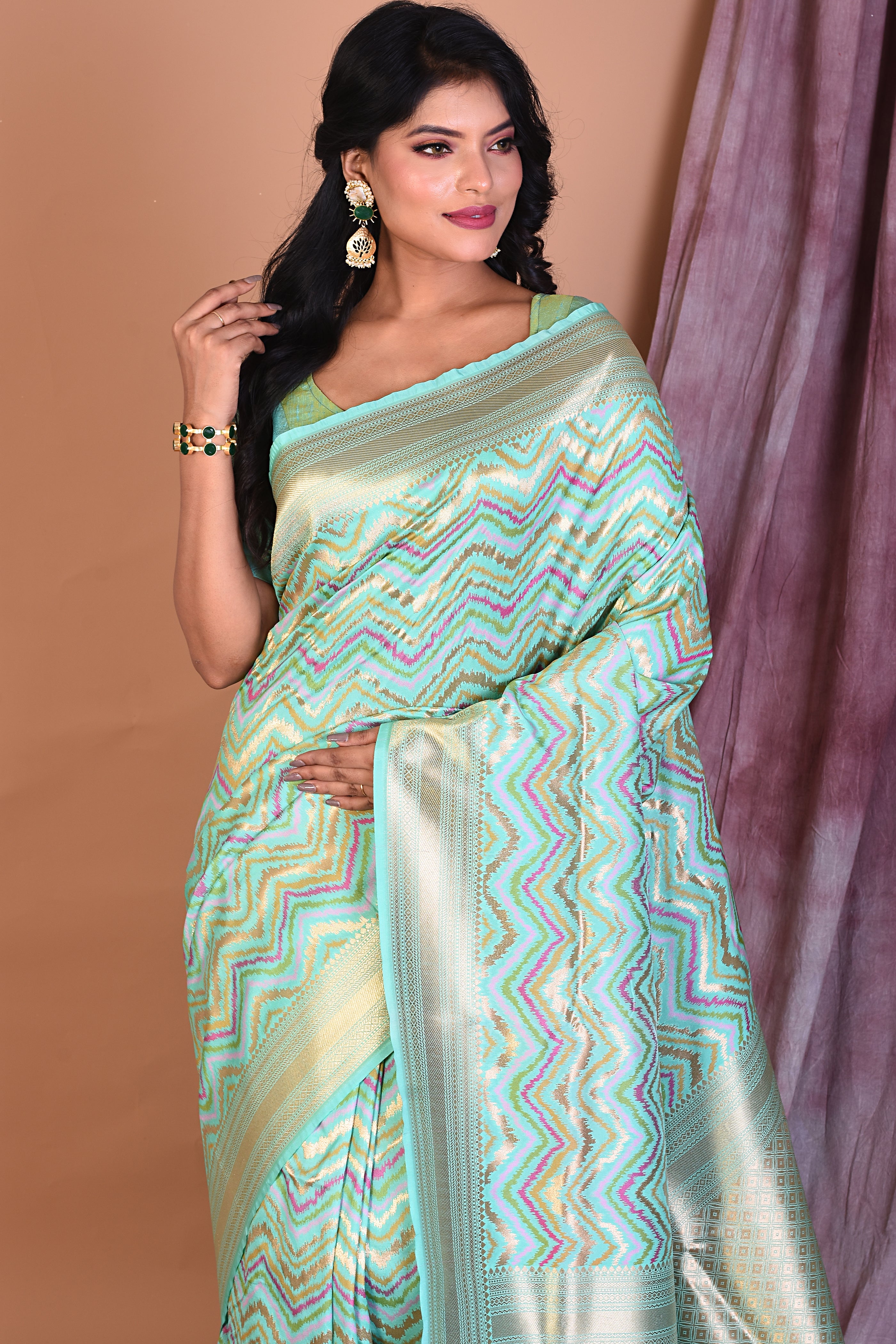 Mint Green Blended Katan Saree with Zari Work - Keya Seth Exclusive