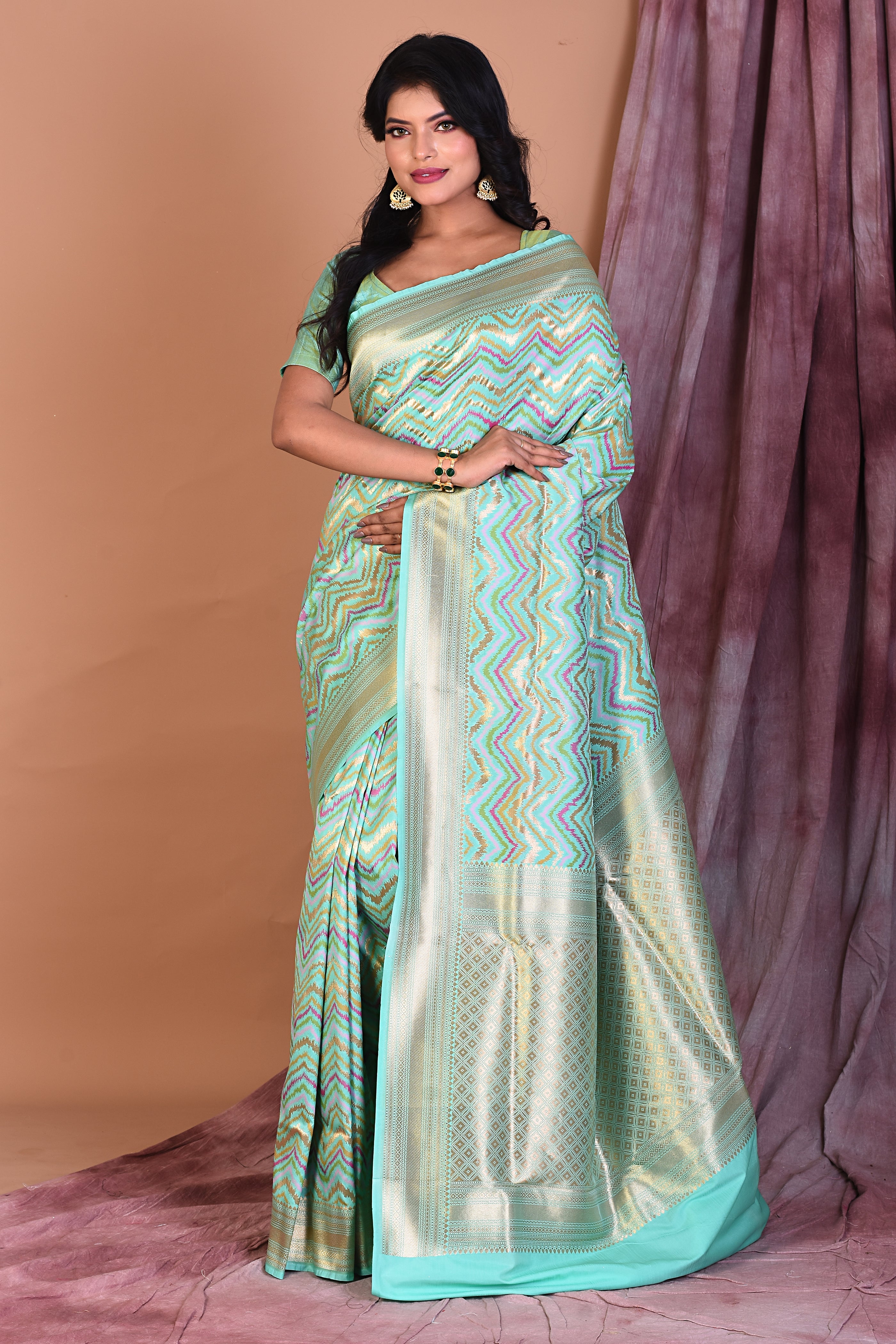 Mint Green Blended Katan Saree with Zari Work - Keya Seth Exclusive