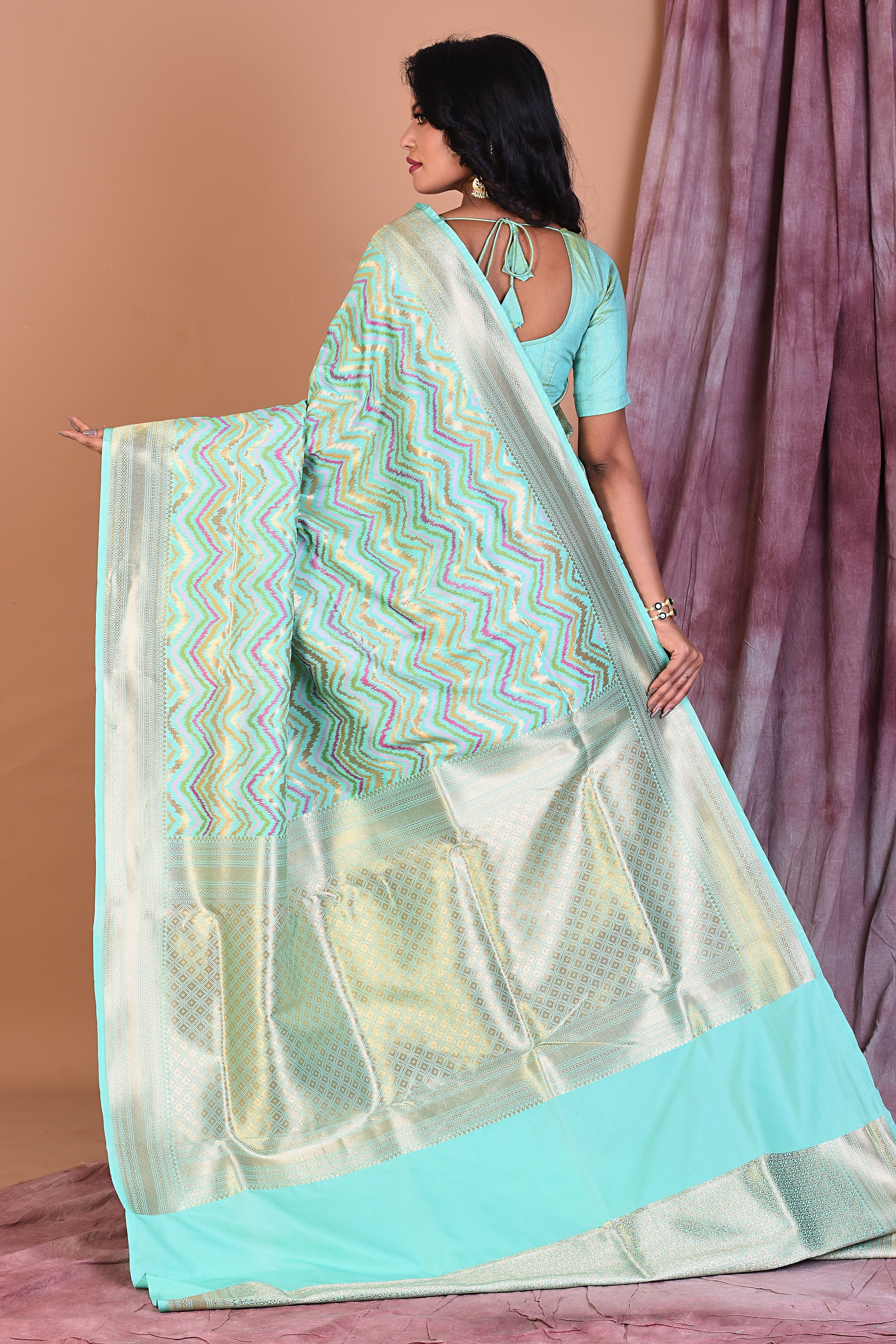 Mint Green Blended Katan Saree with Zari Work - Keya Seth Exclusive