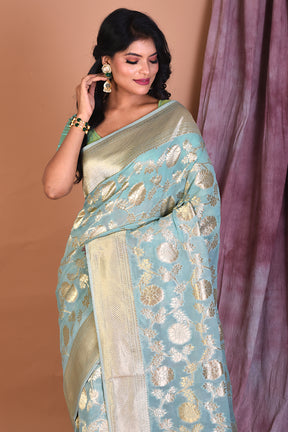 Sea Green Khaddi Georgette Saree with Golden Zari - Keya Seth Exclusive