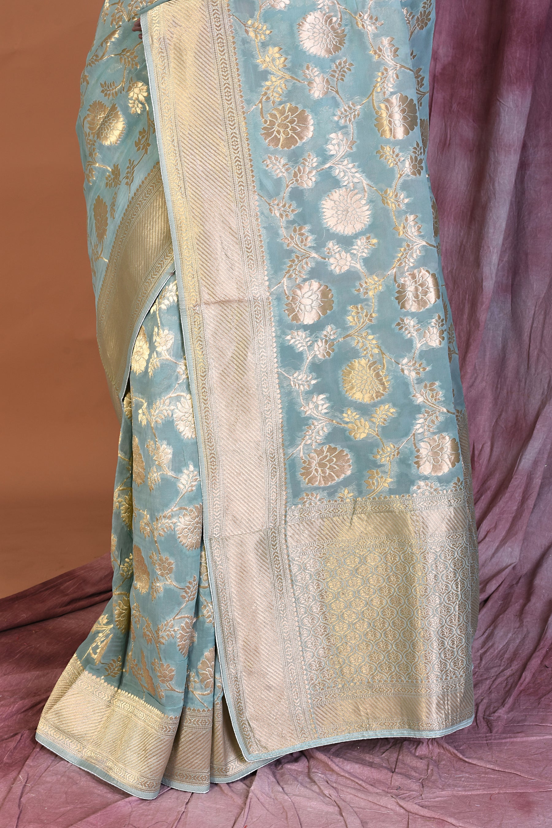 Sea Green Khaddi Georgette Saree with Golden Zari - Keya Seth Exclusive