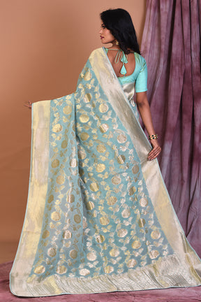 Sea Green Khaddi Georgette Saree with Golden Zari - Keya Seth Exclusive