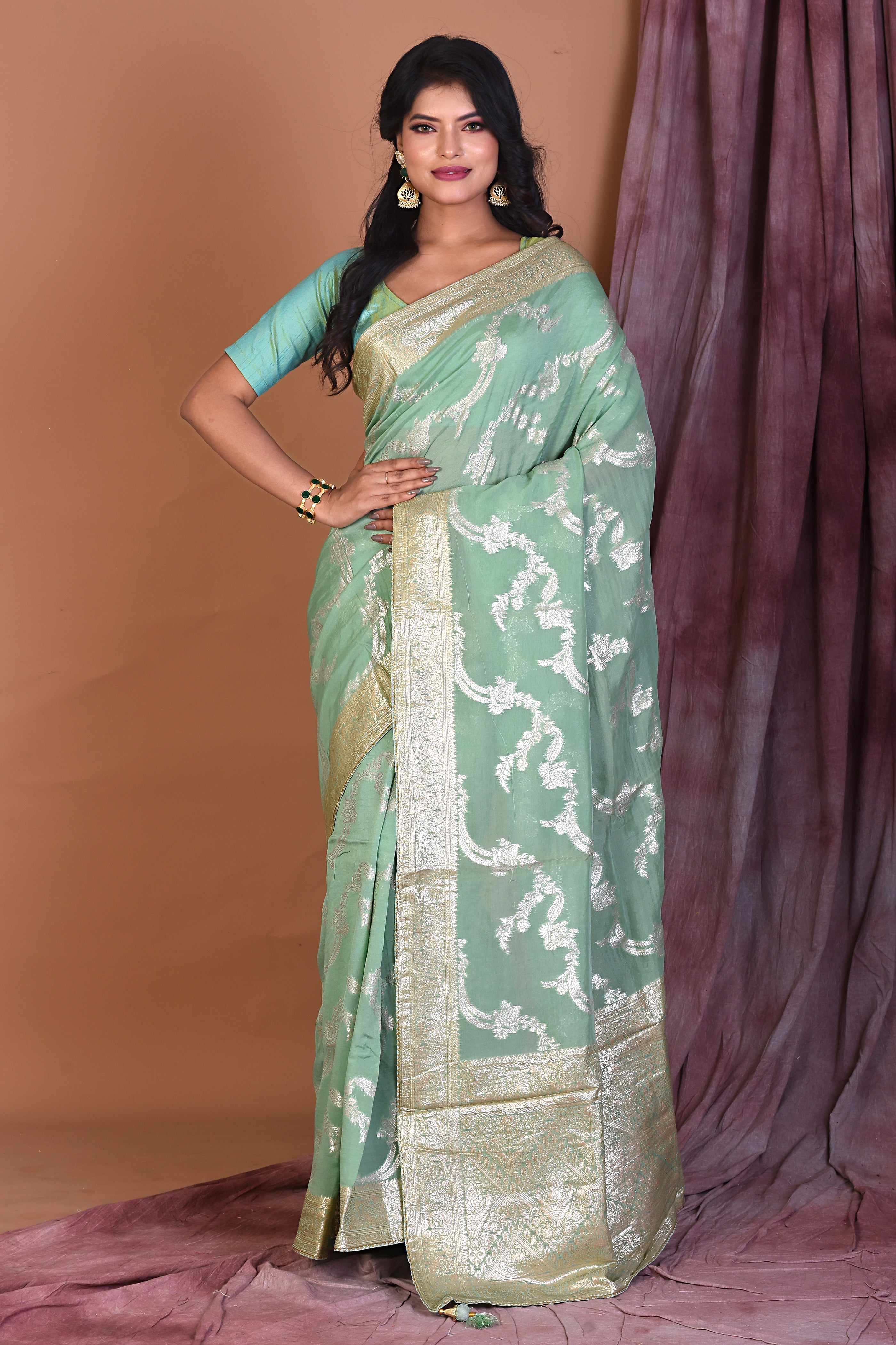 Sea Green Khaddi Georgette Saree with Golden Zari - Keya Seth Exclusive