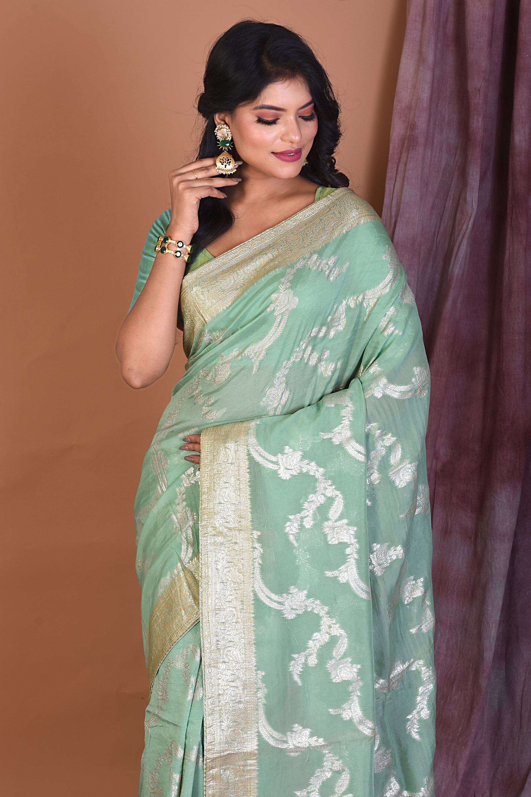 Sea Green Khaddi Georgette Saree with Golden Zari - Keya Seth Exclusive