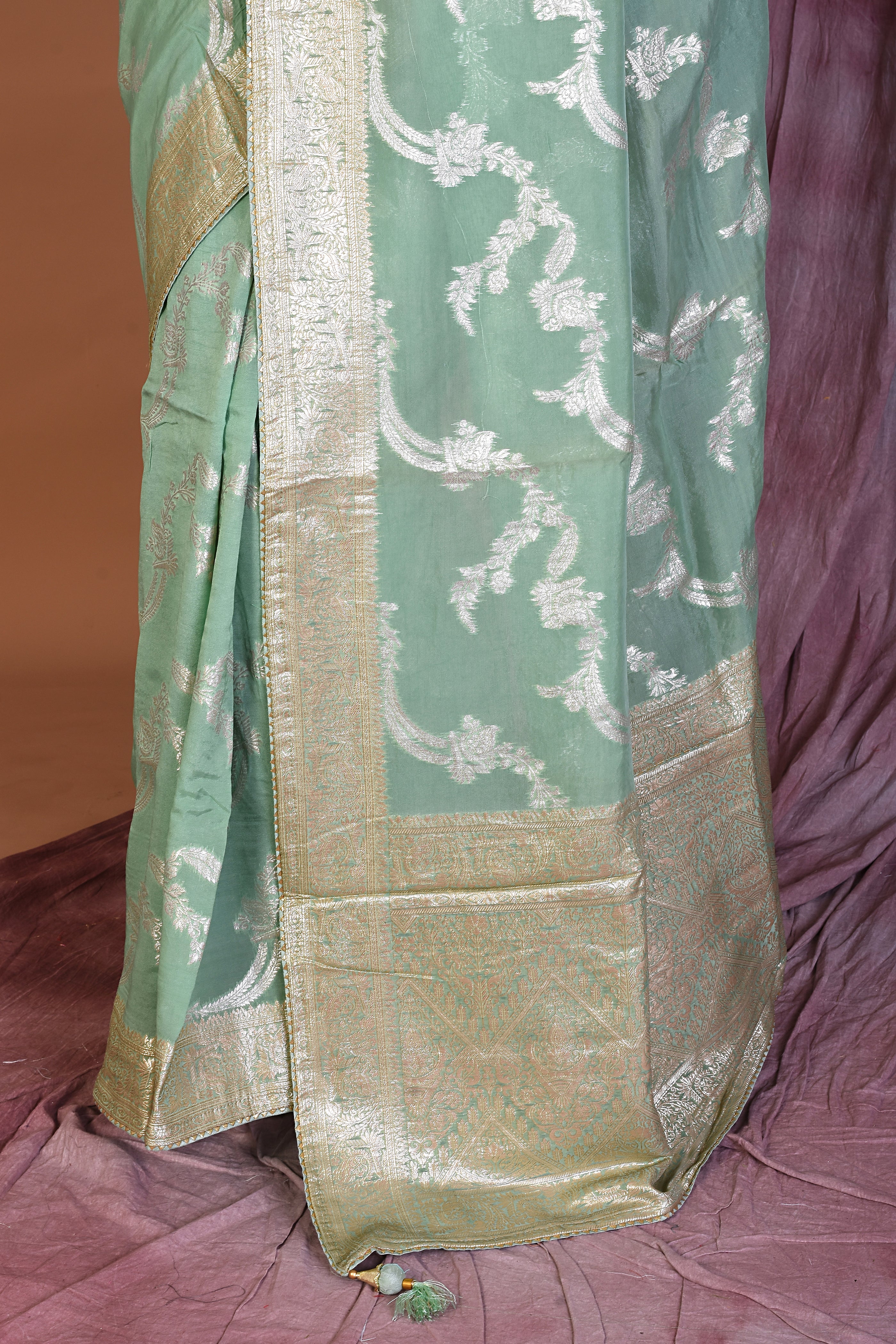 Sea Green Khaddi Georgette Saree with Golden Zari - Keya Seth Exclusive