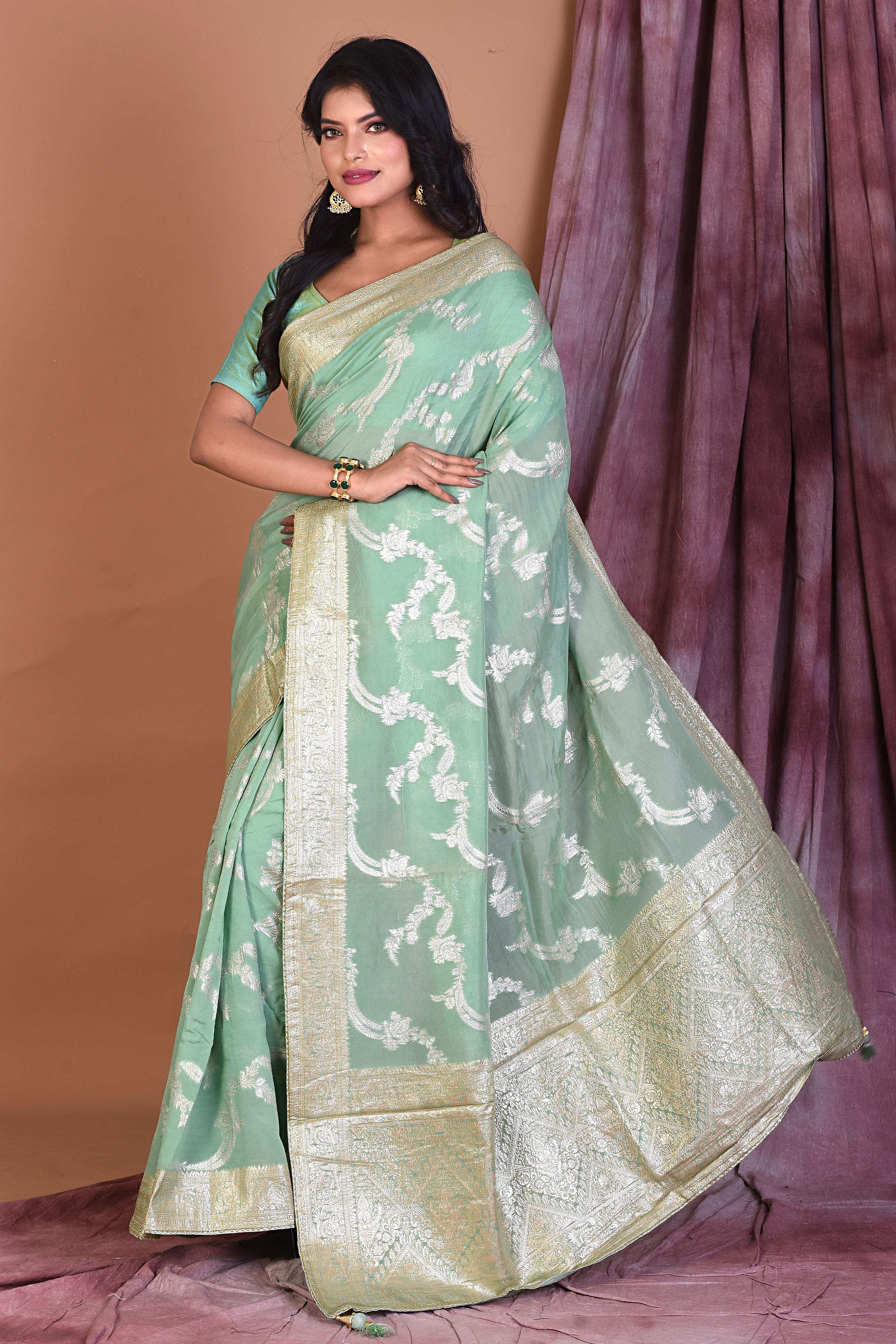 Sea Green Khaddi Georgette Saree with Golden Zari - Keya Seth Exclusive