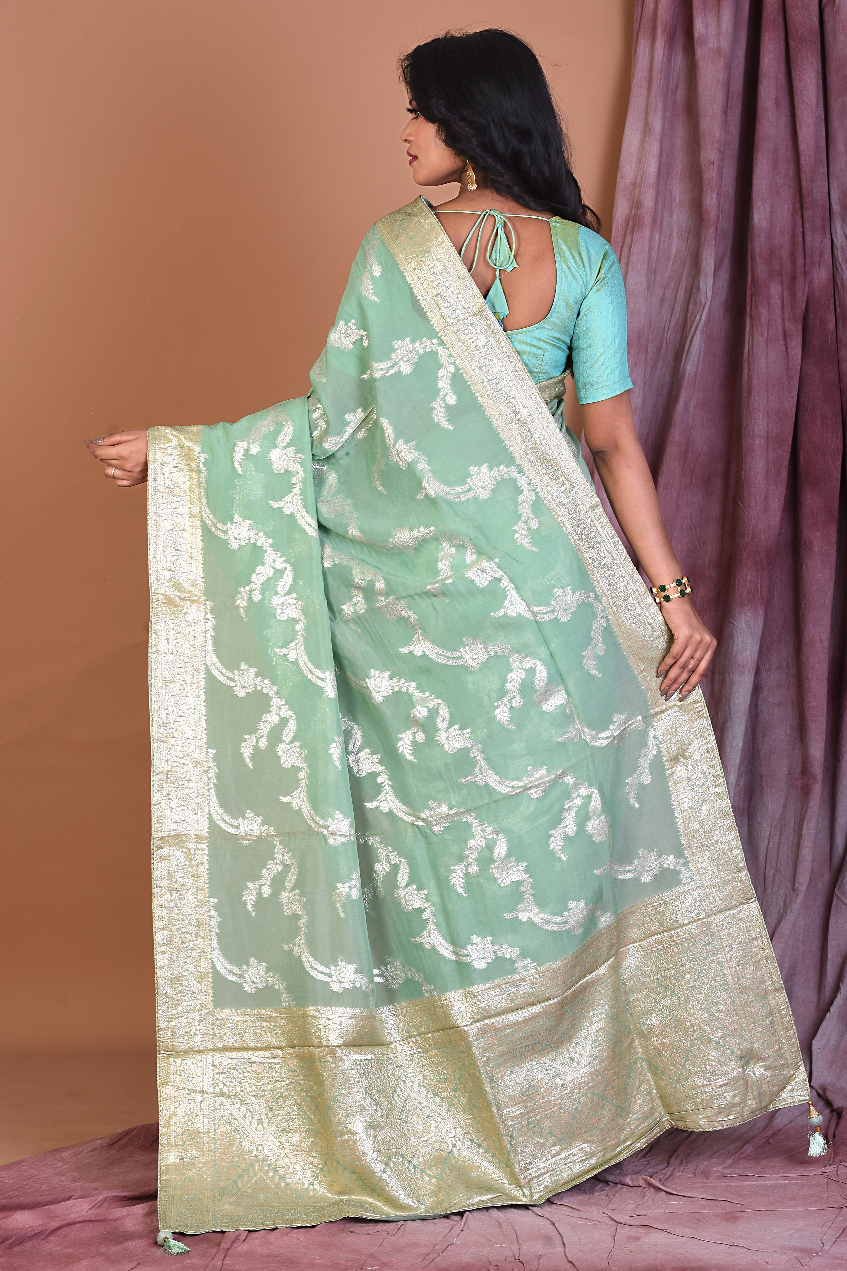 Sea Green Khaddi Georgette Saree with Golden Zari - Keya Seth Exclusive