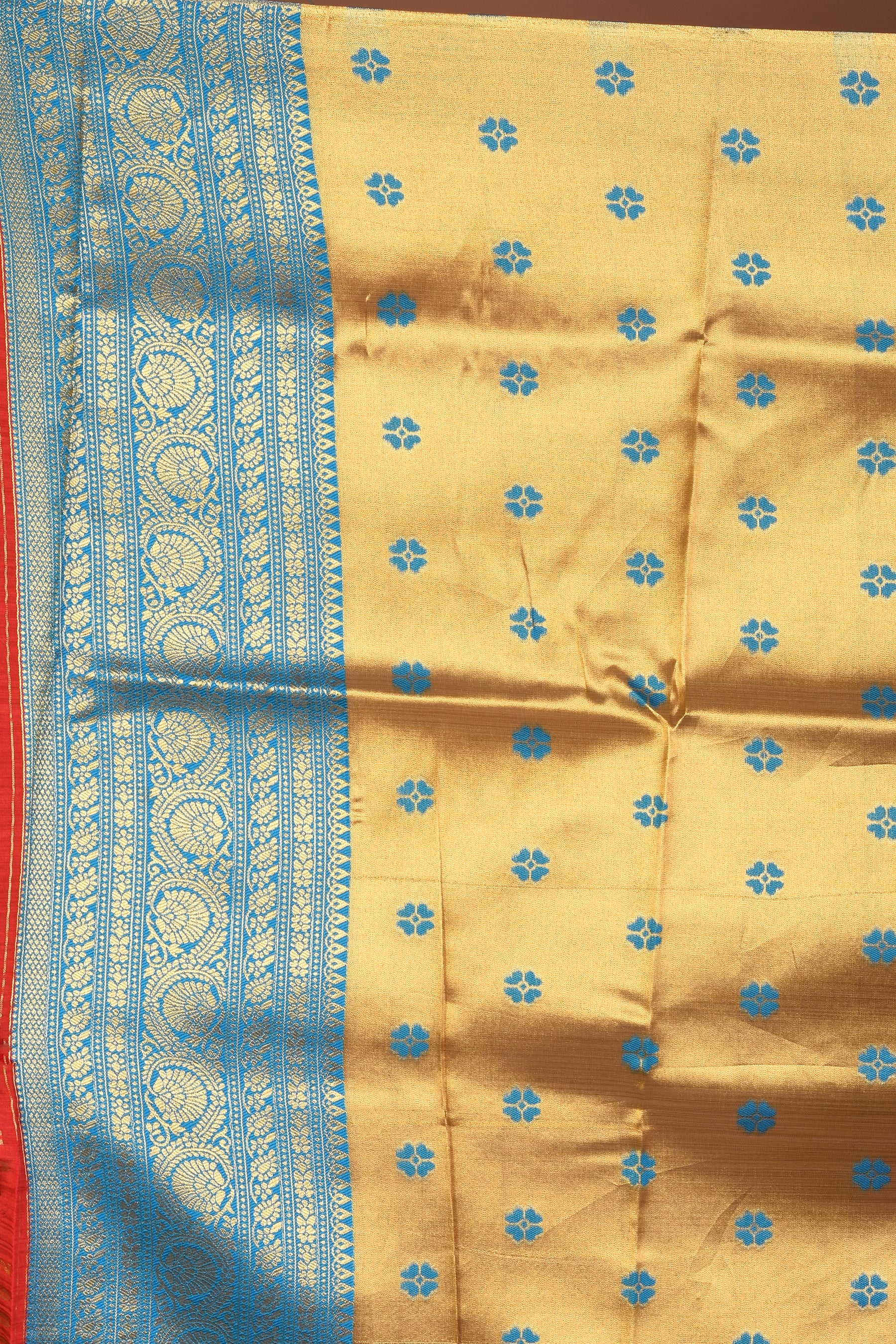 Golden Blended Organza Saree with Blue Borders - Keya Seth Exclusive