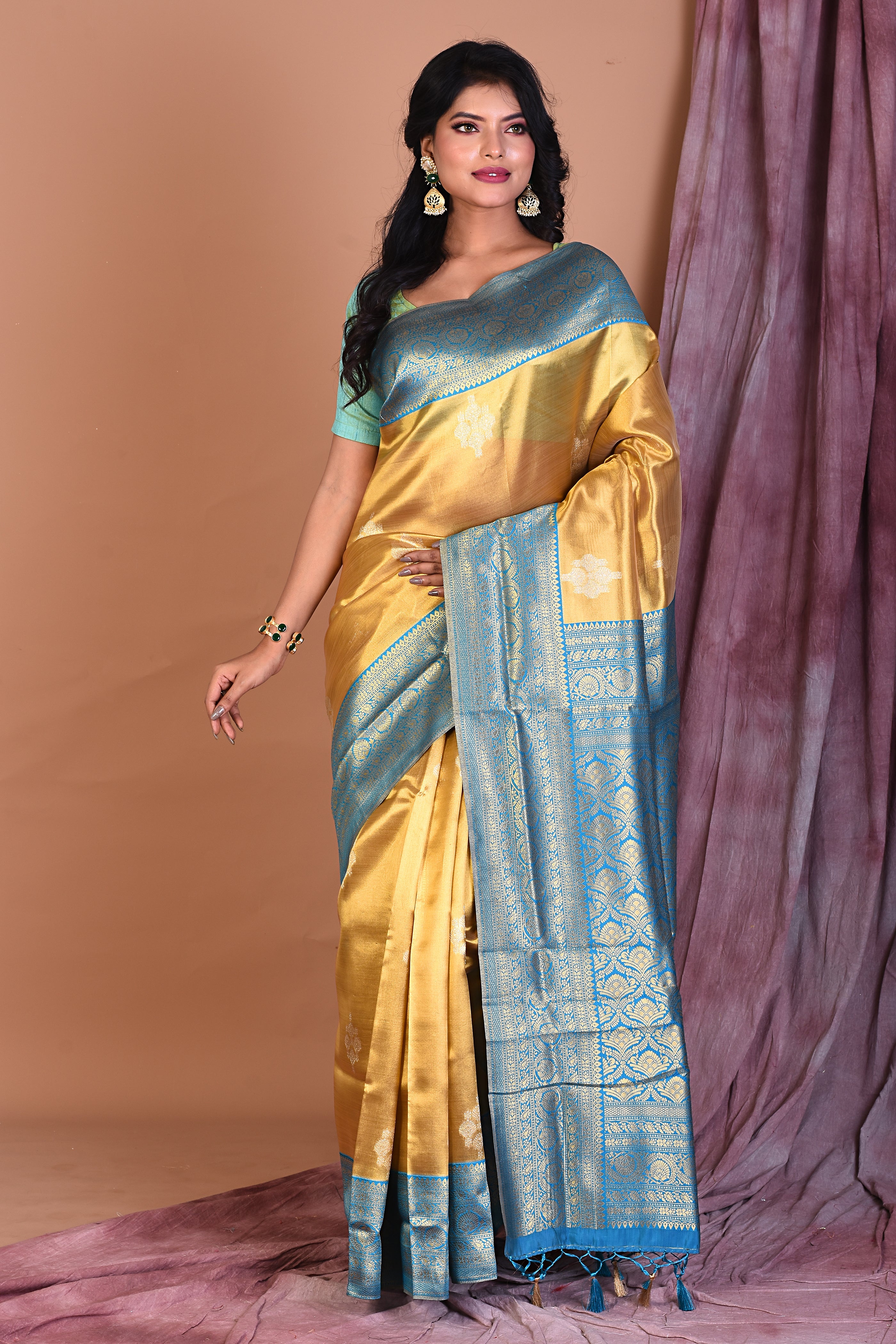 Golden Blended Organza Saree with Blue Borders - Keya Seth Exclusive