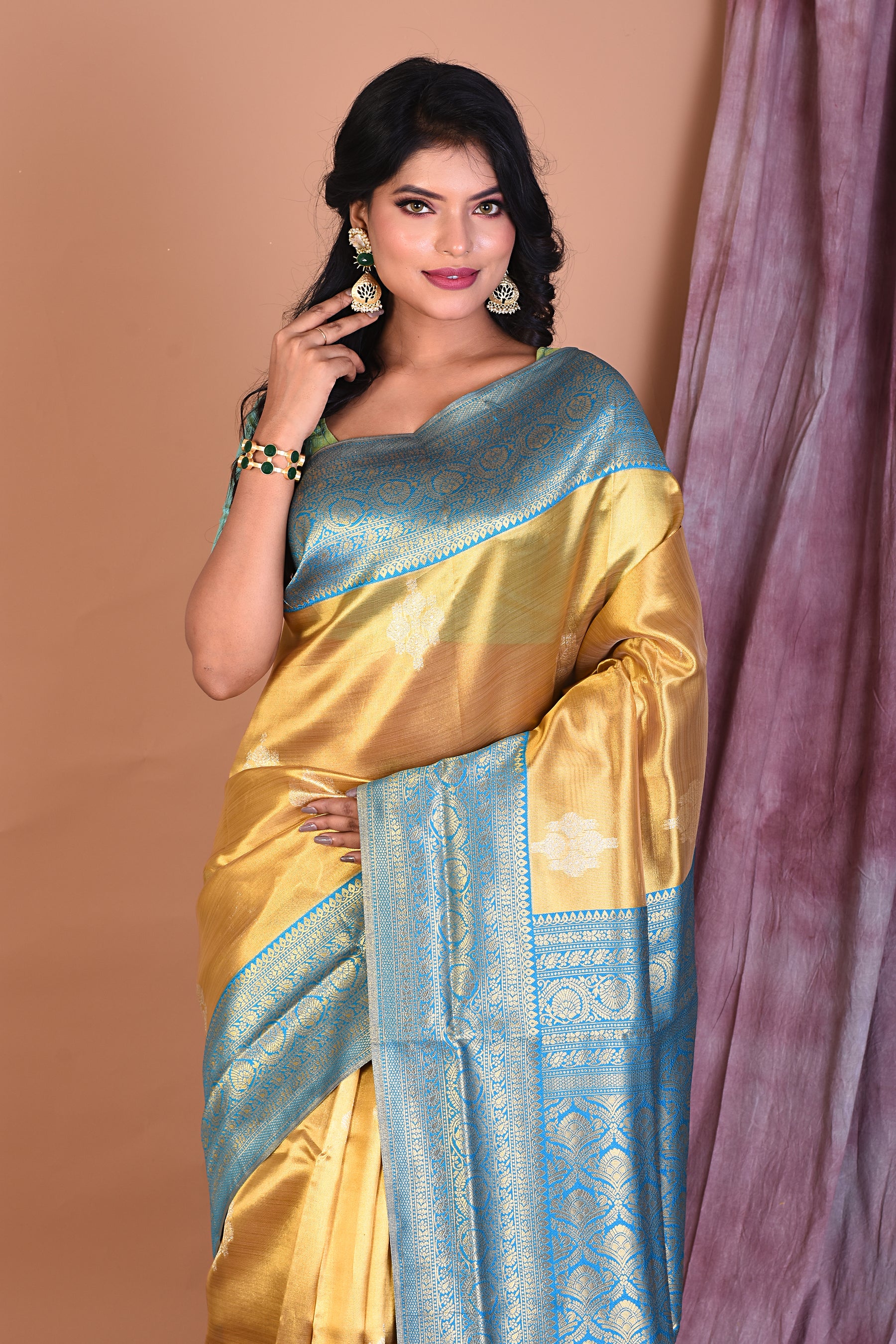 Golden Blended Organza Saree with Blue Borders - Keya Seth Exclusive