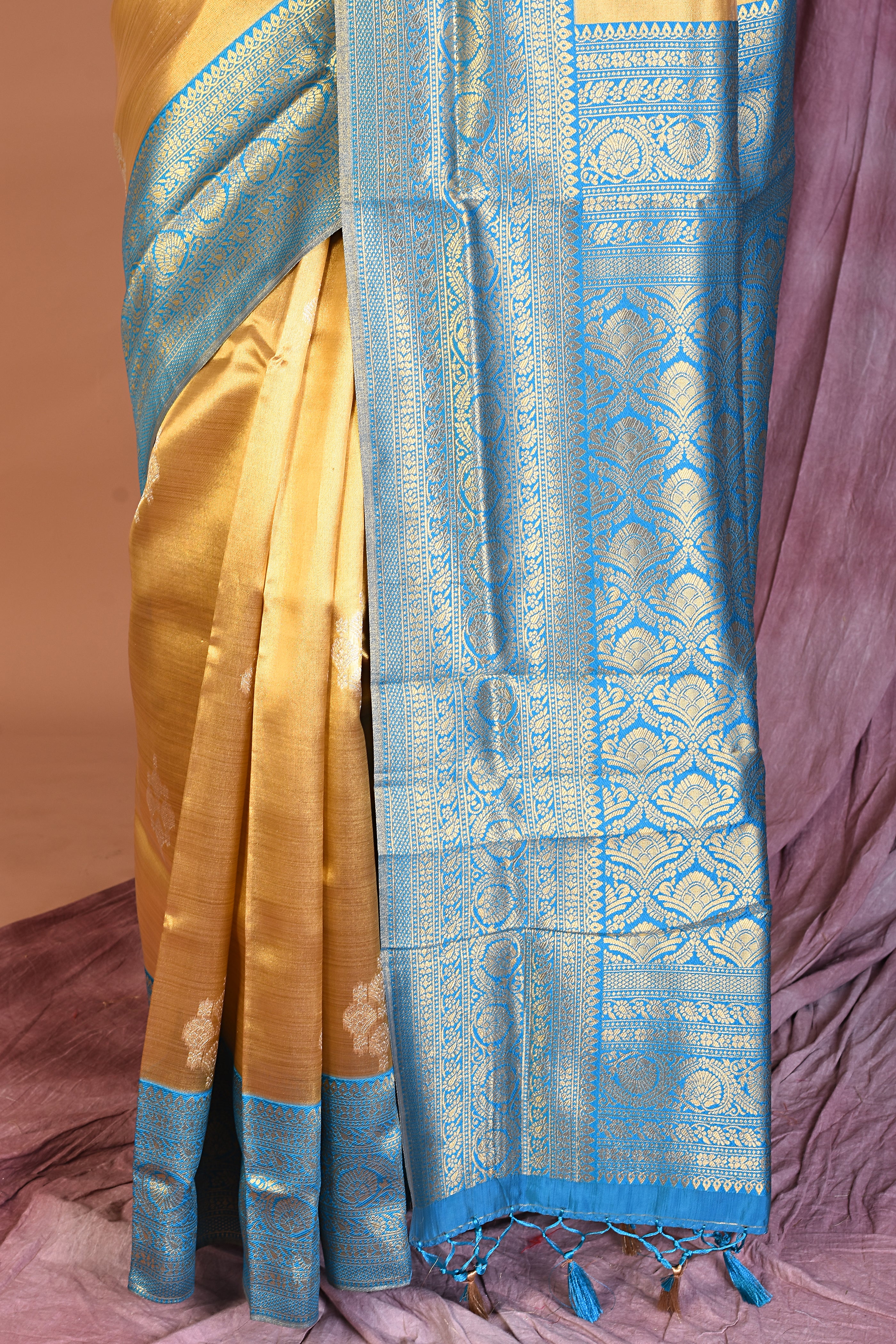 Golden Blended Organza Saree with Blue Borders - Keya Seth Exclusive