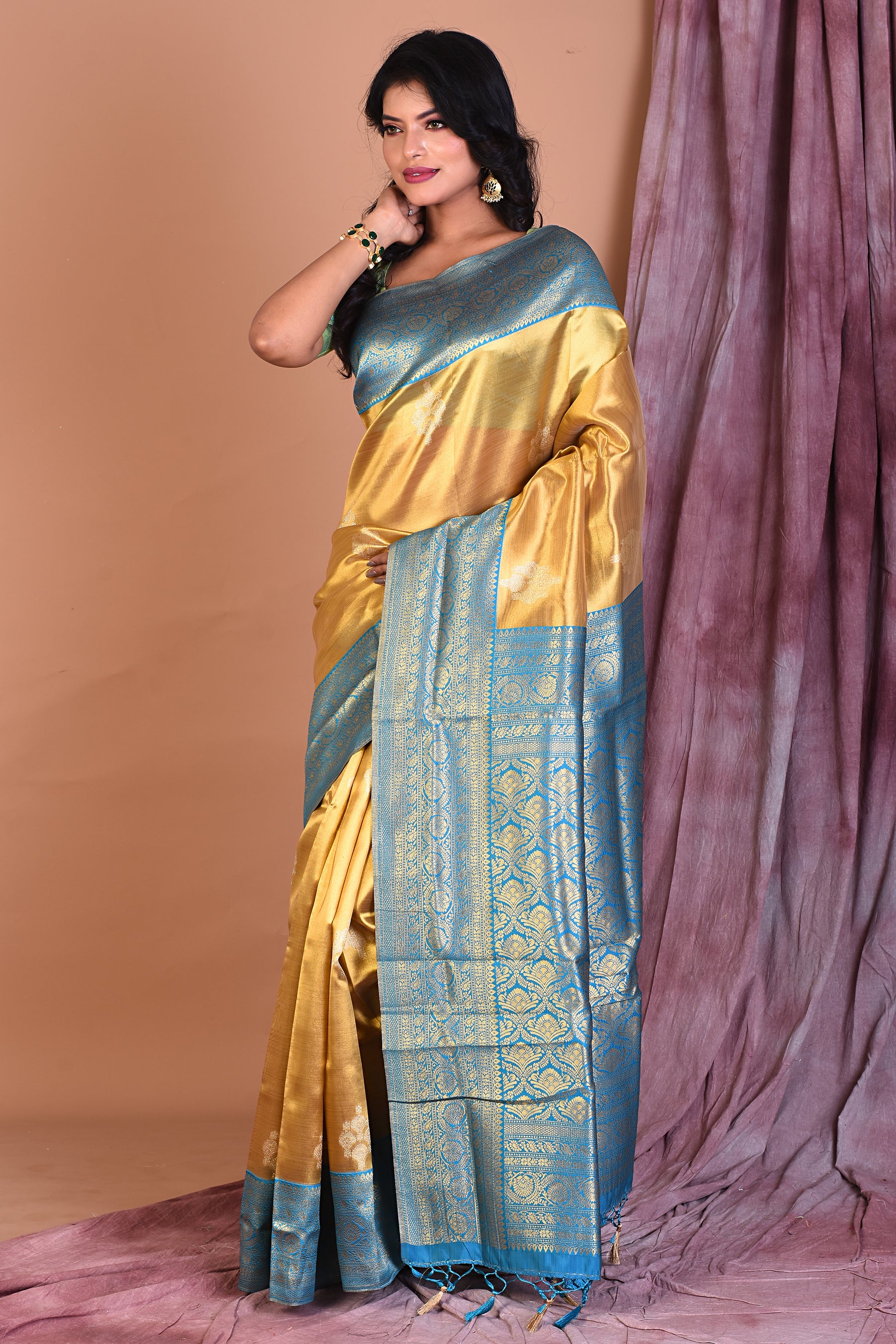 Golden Blended Organza Saree with Blue Borders - Keya Seth Exclusive