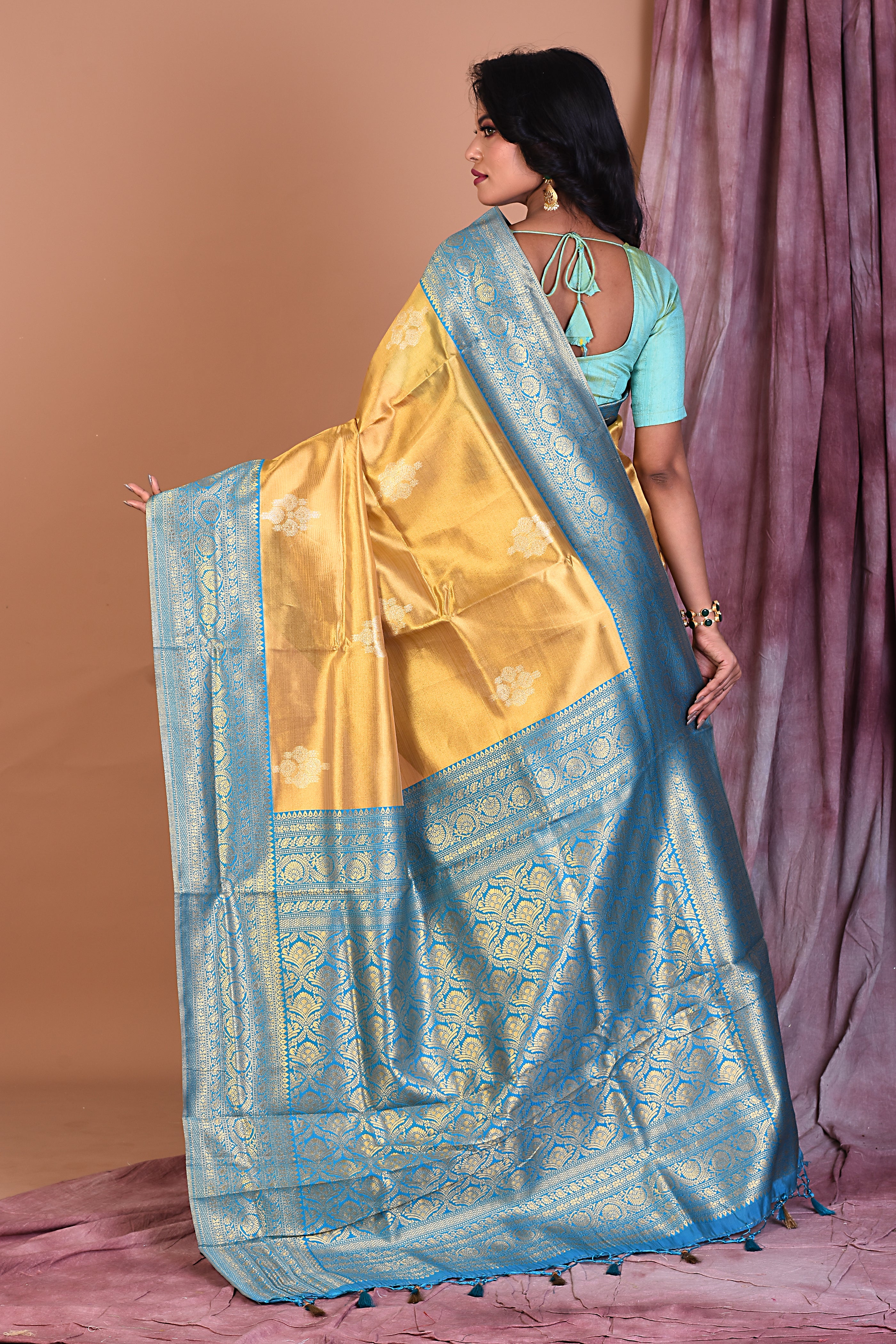 Golden Blended Organza Saree with Blue Borders - Keya Seth Exclusive