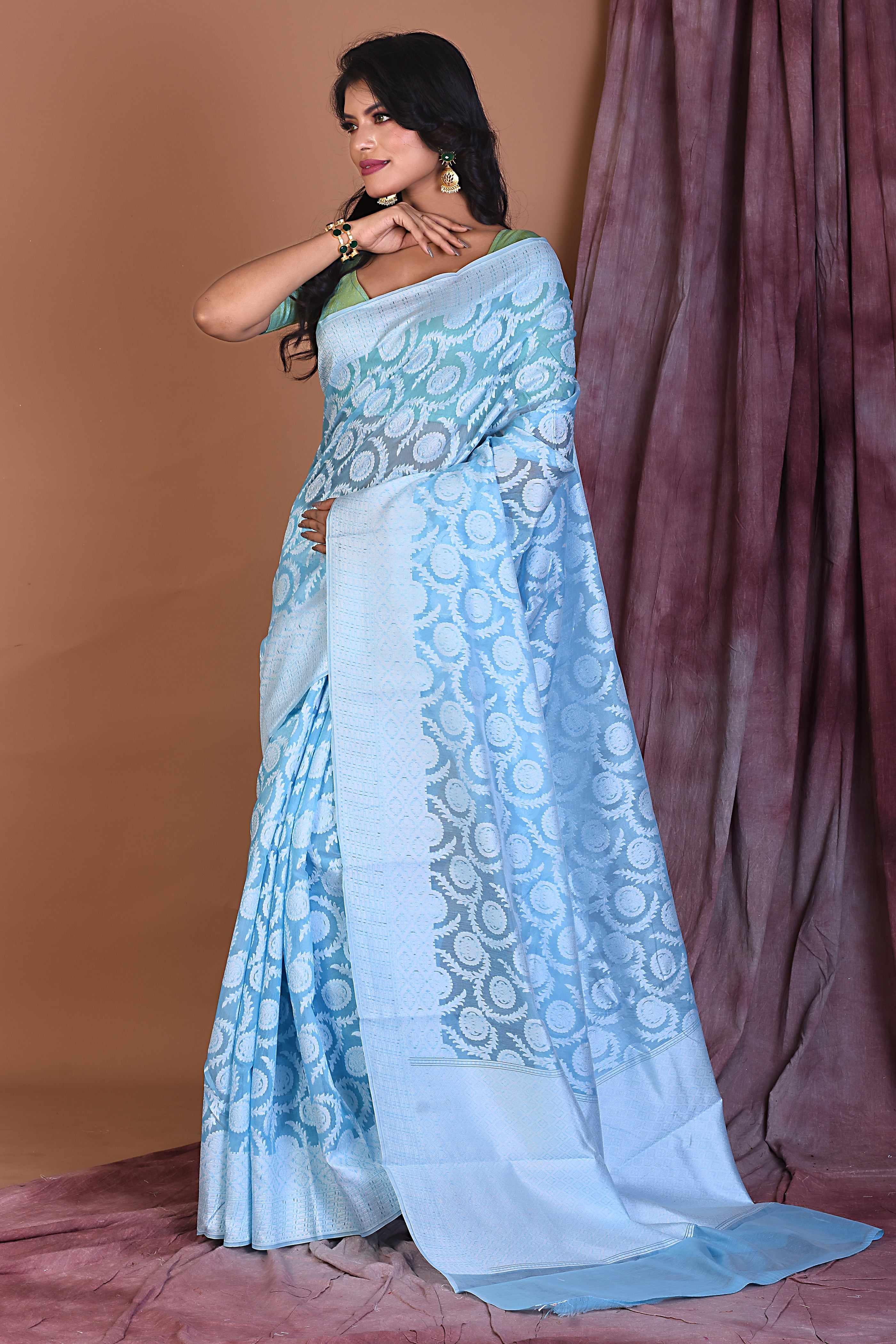 Light Blue Blended Dhakai Banarasi Saree - Keya Seth Exclusive