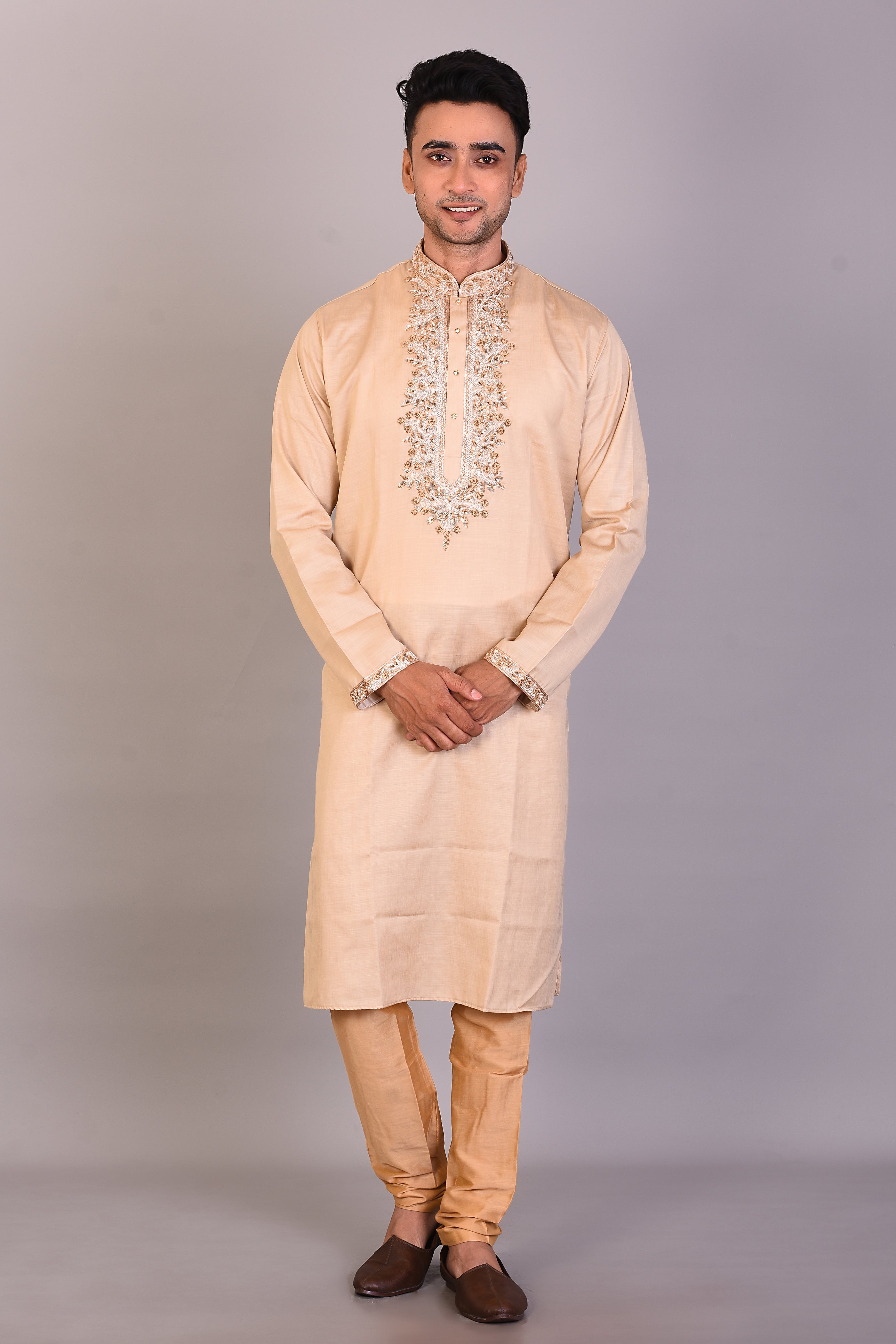 Long Tussar Silk Kurta with Full Sleeves