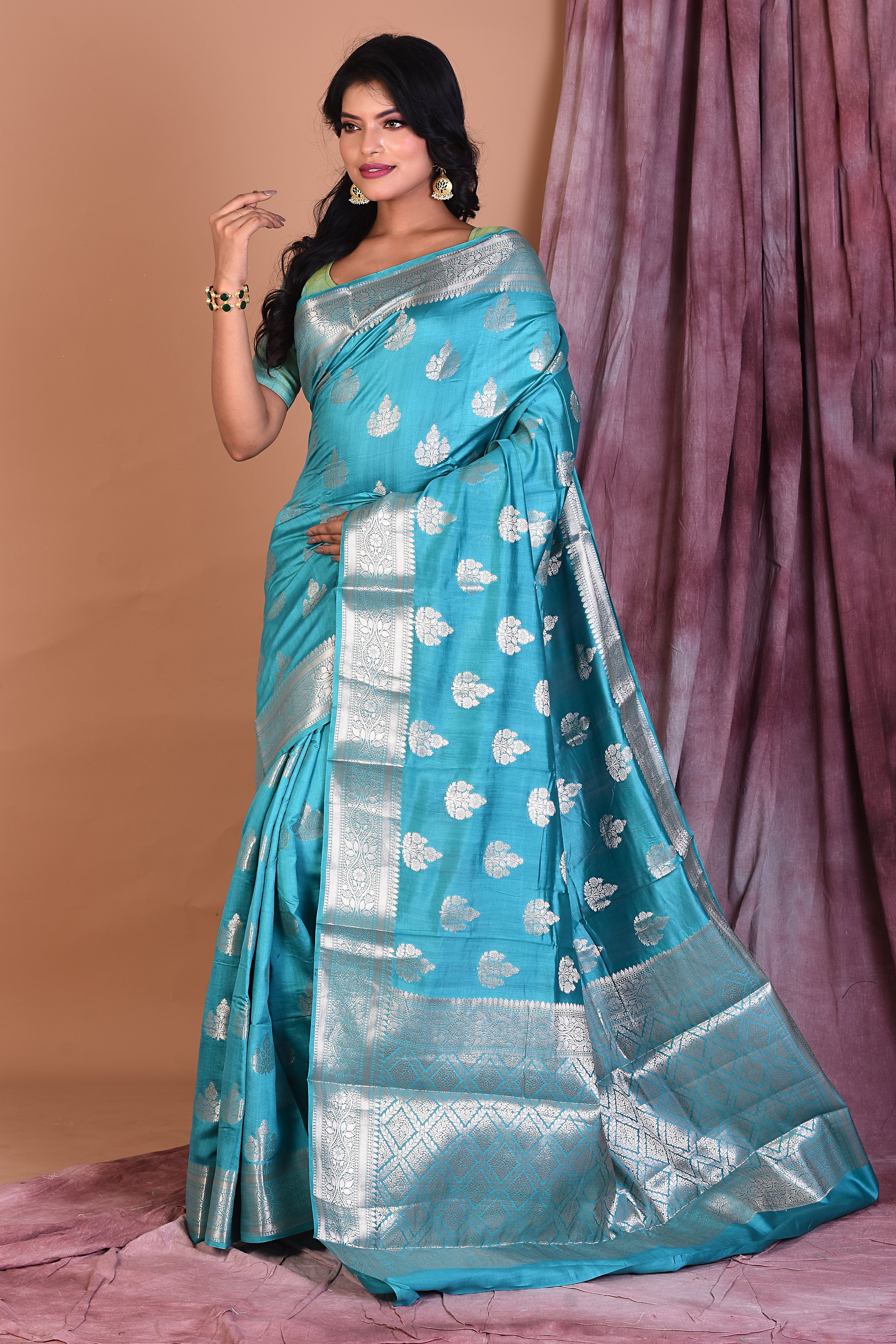 Sea Green Pure Chiniya Silk Saree with Golden Zari - Keya Seth Exclusive