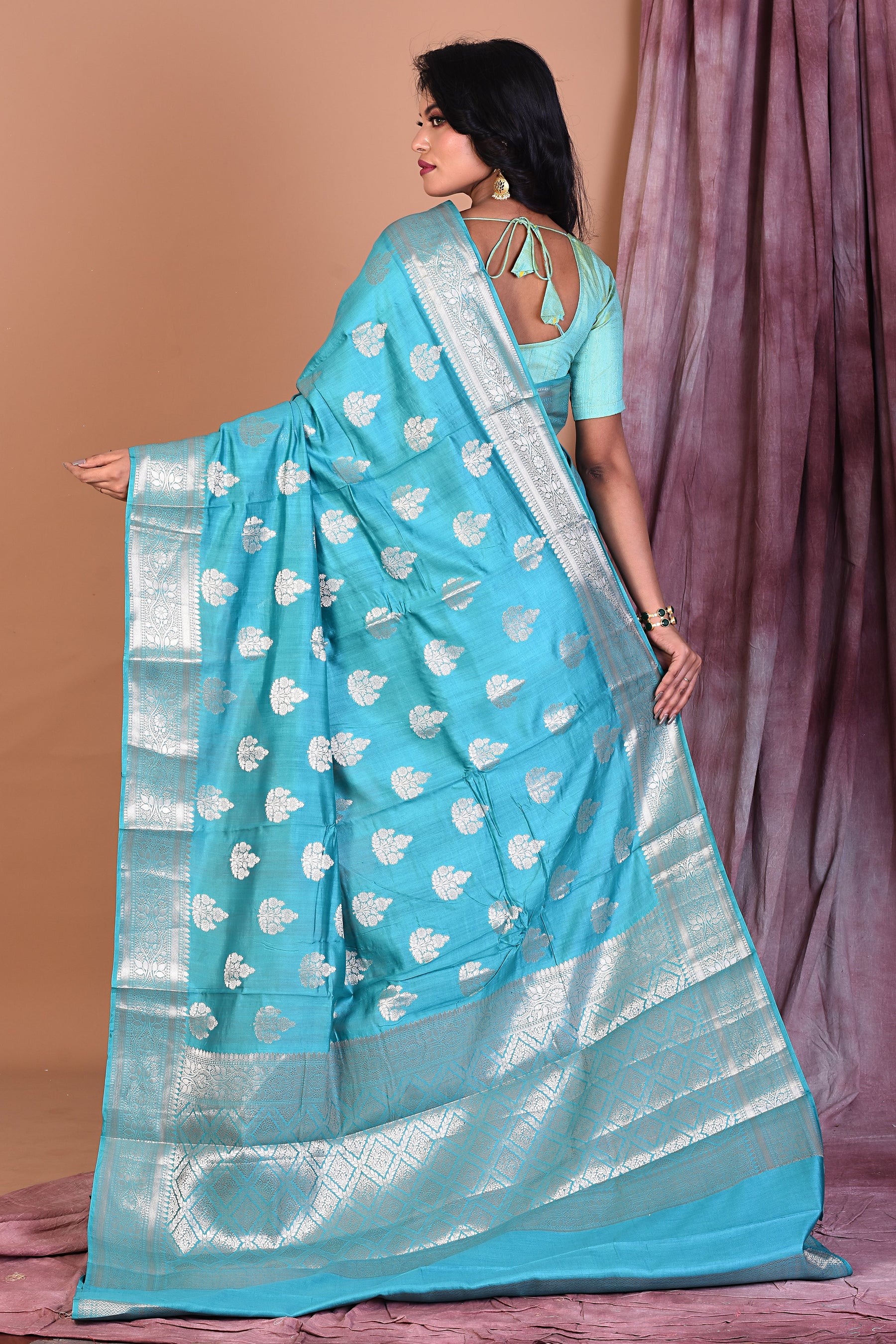 Sea Green Pure Chiniya Silk Saree with Golden Zari - Keya Seth Exclusive