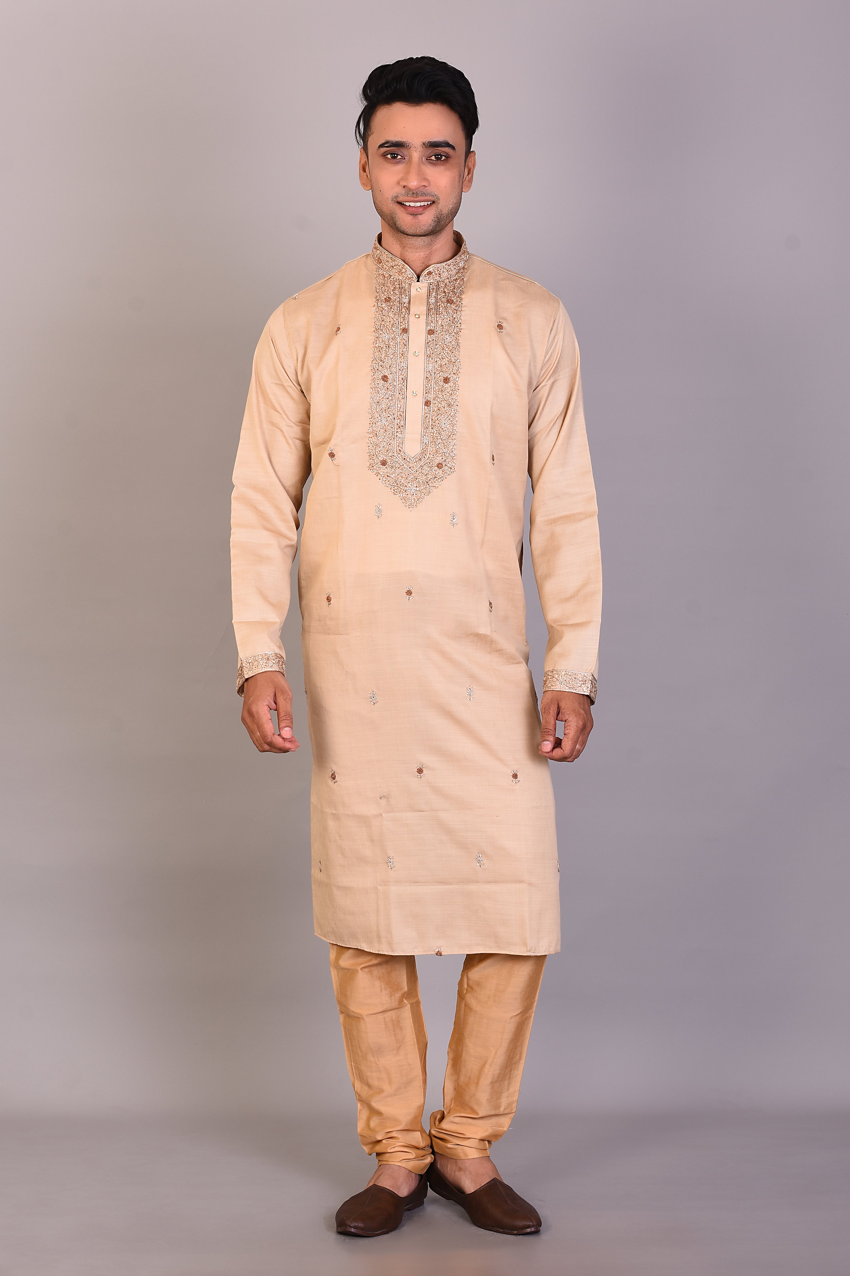 Long Tussar Silk Kurta with Full Sleeves