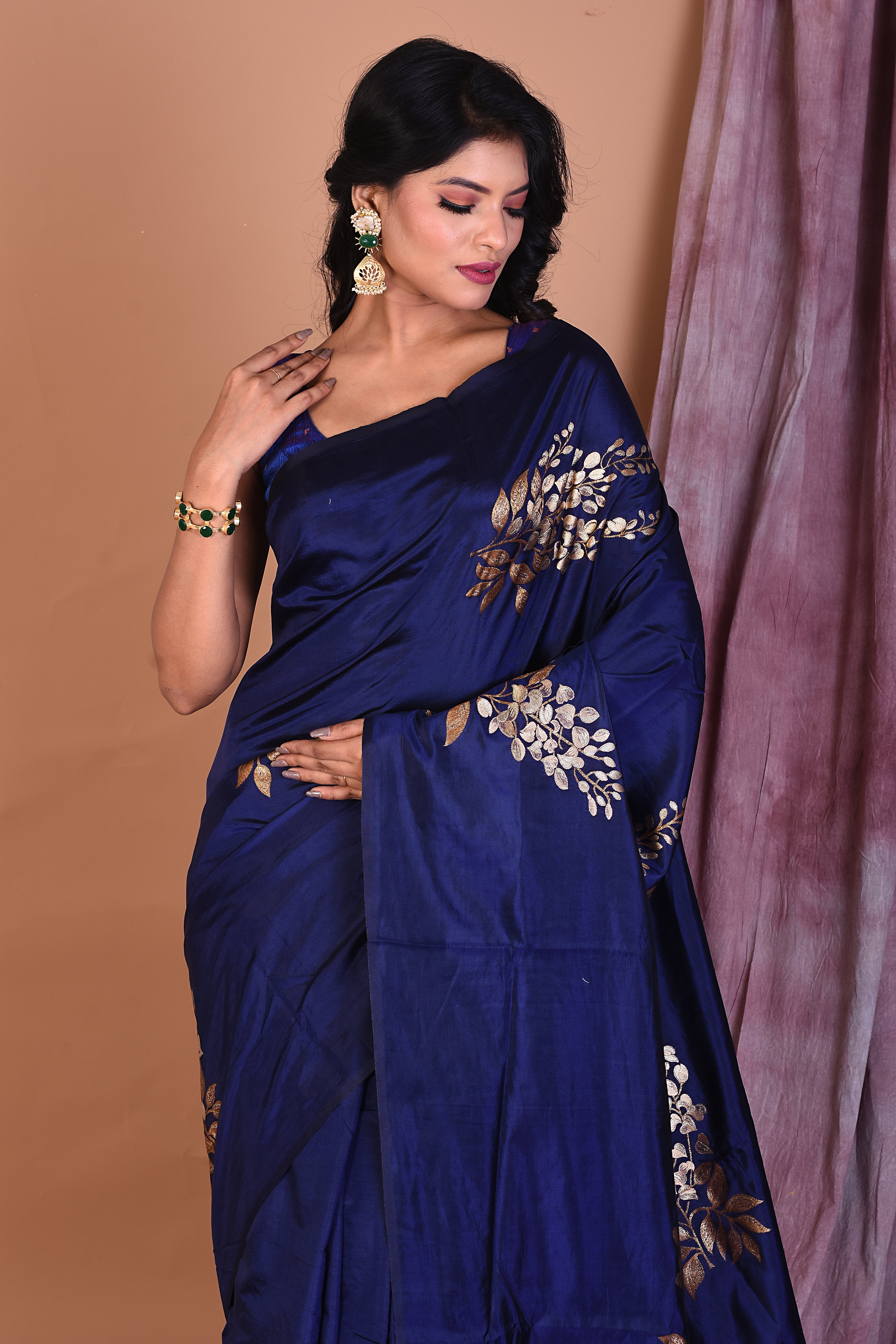 Borderless Navy Blue Blended Silk Saree - Keya Seth Exclusive