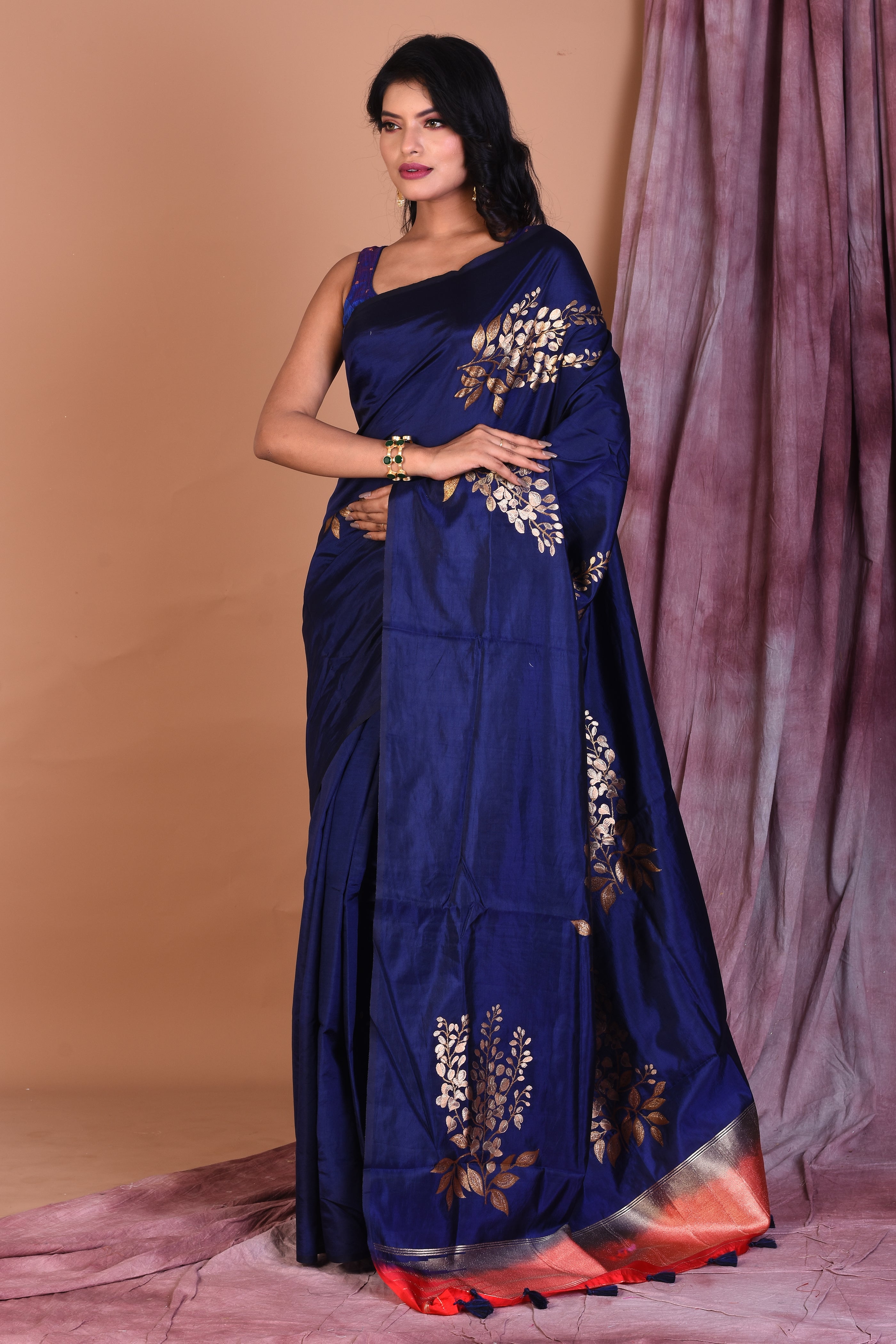 Borderless Navy Blue Blended Silk Saree - Keya Seth Exclusive