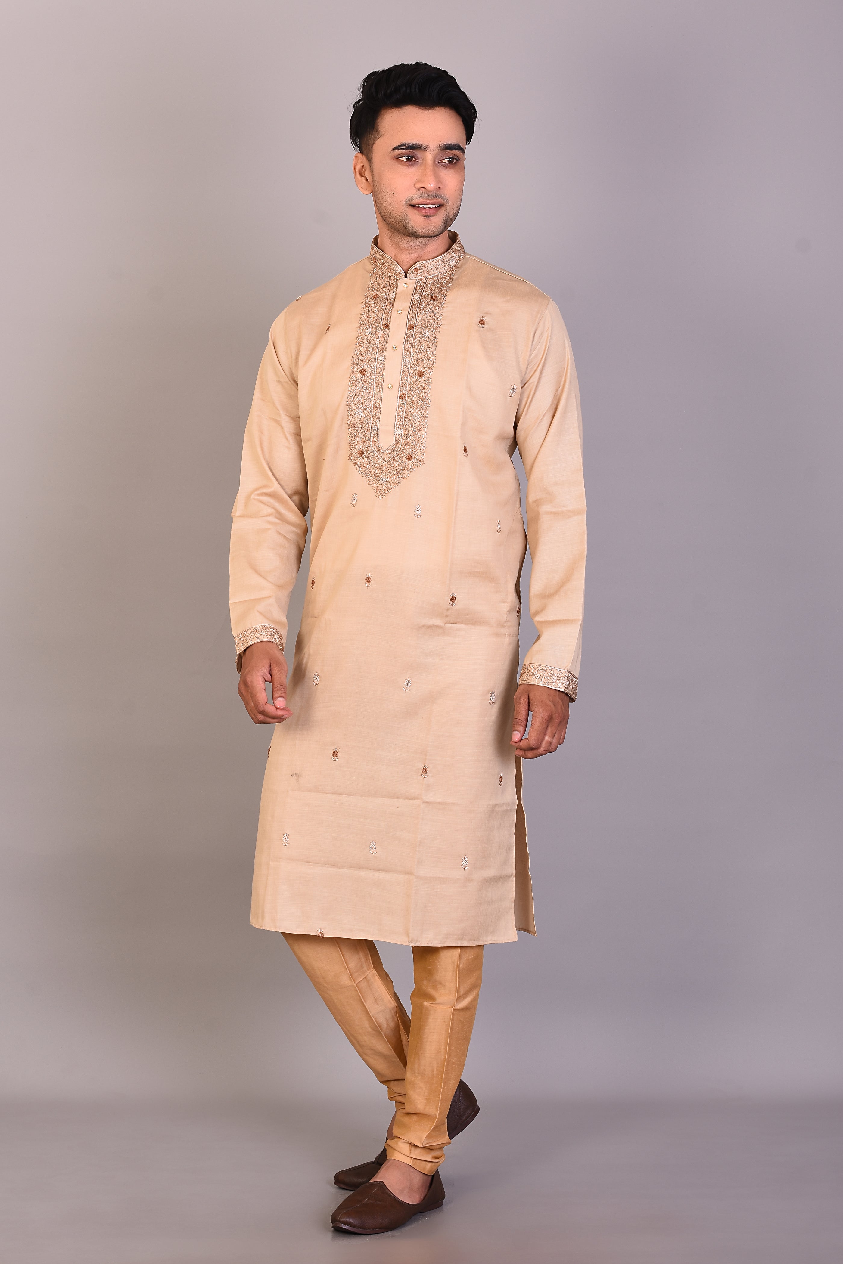 Long Tussar Silk Kurta with Full Sleeves