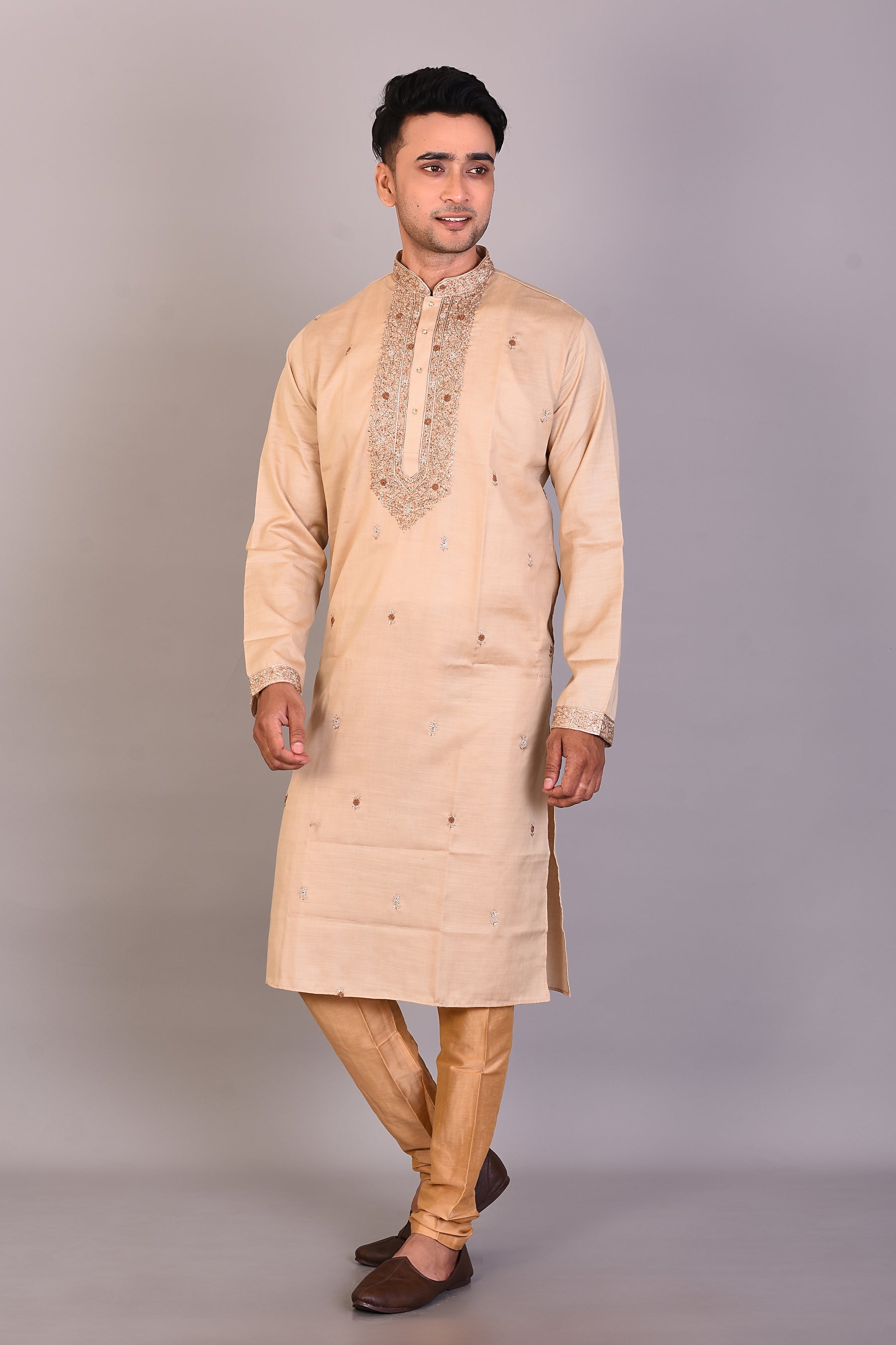 Long Tussar Silk Kurta with Full Sleeves