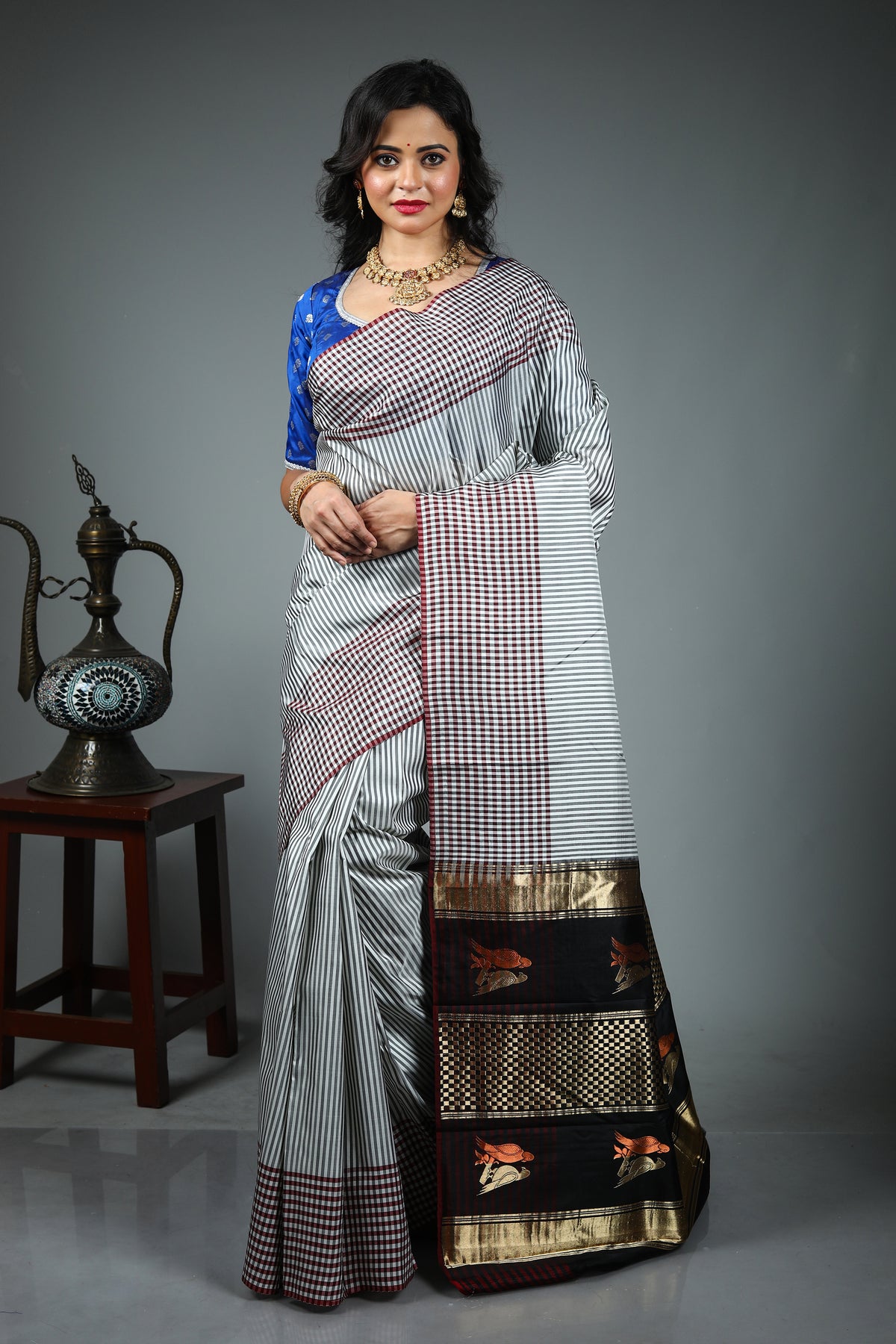 White Checkered Pure Kanjivaram Silk Saree
