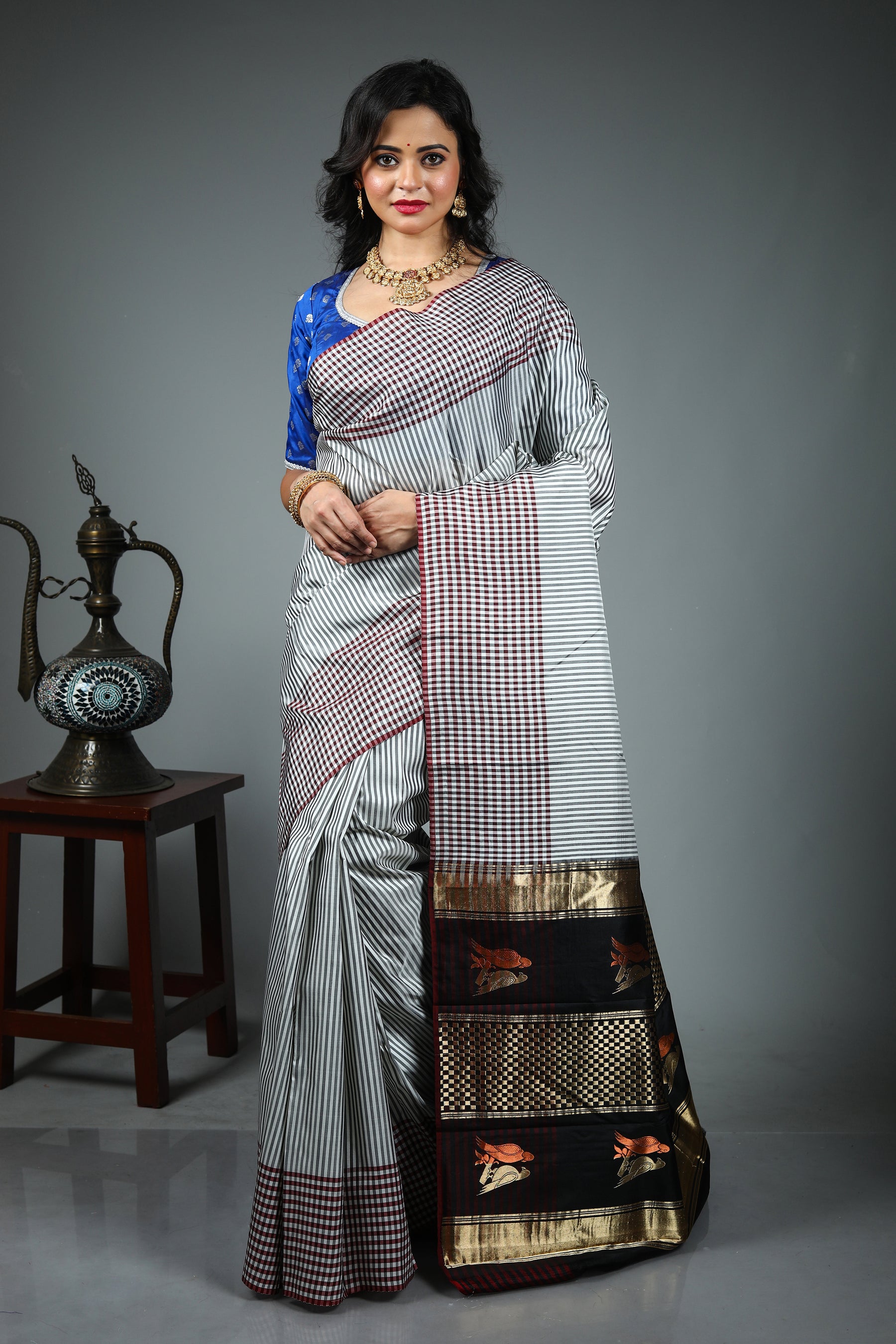 White Checkered Pure Kanjivaram Silk Saree