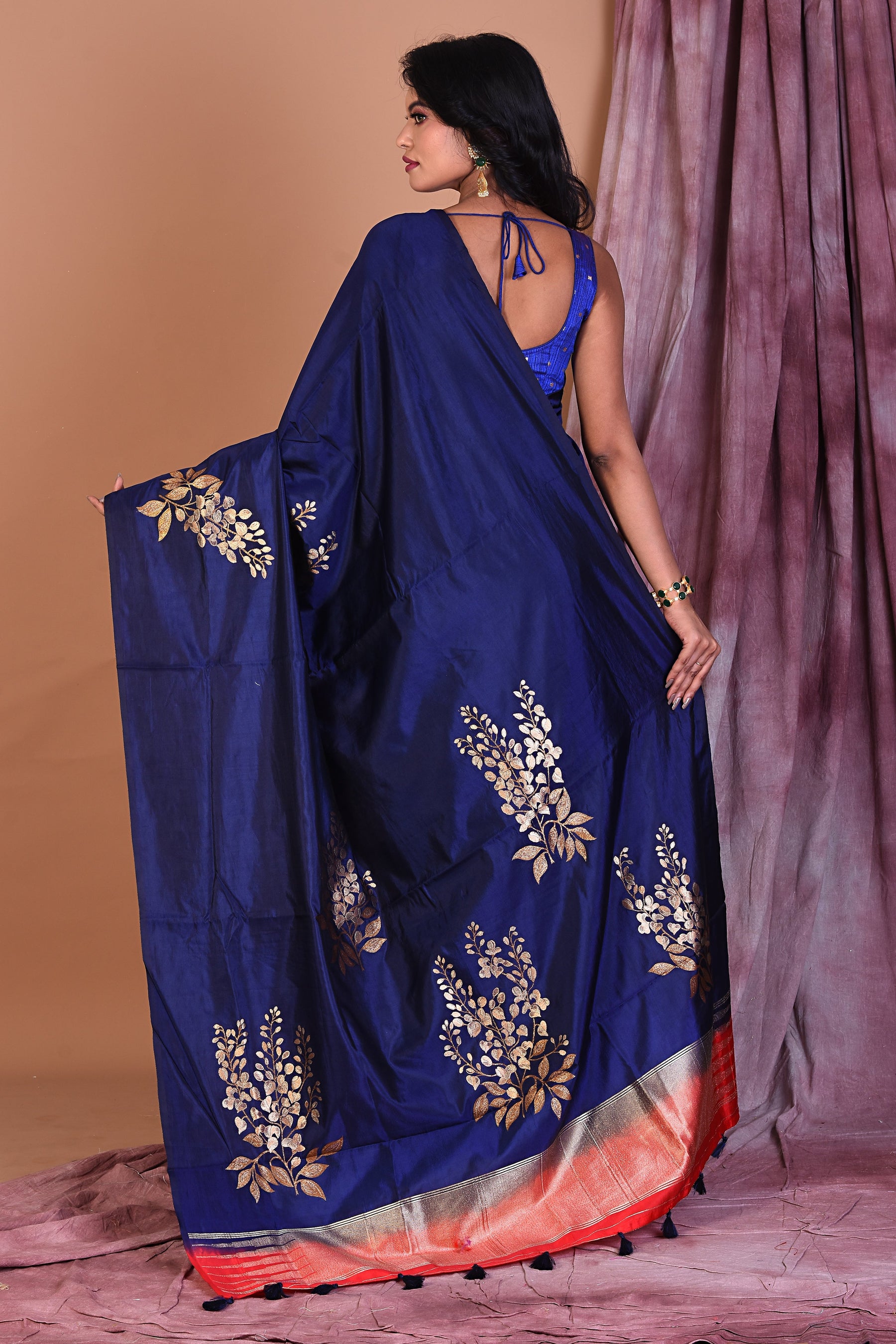 Borderless Navy Blue Blended Silk Saree - Keya Seth Exclusive