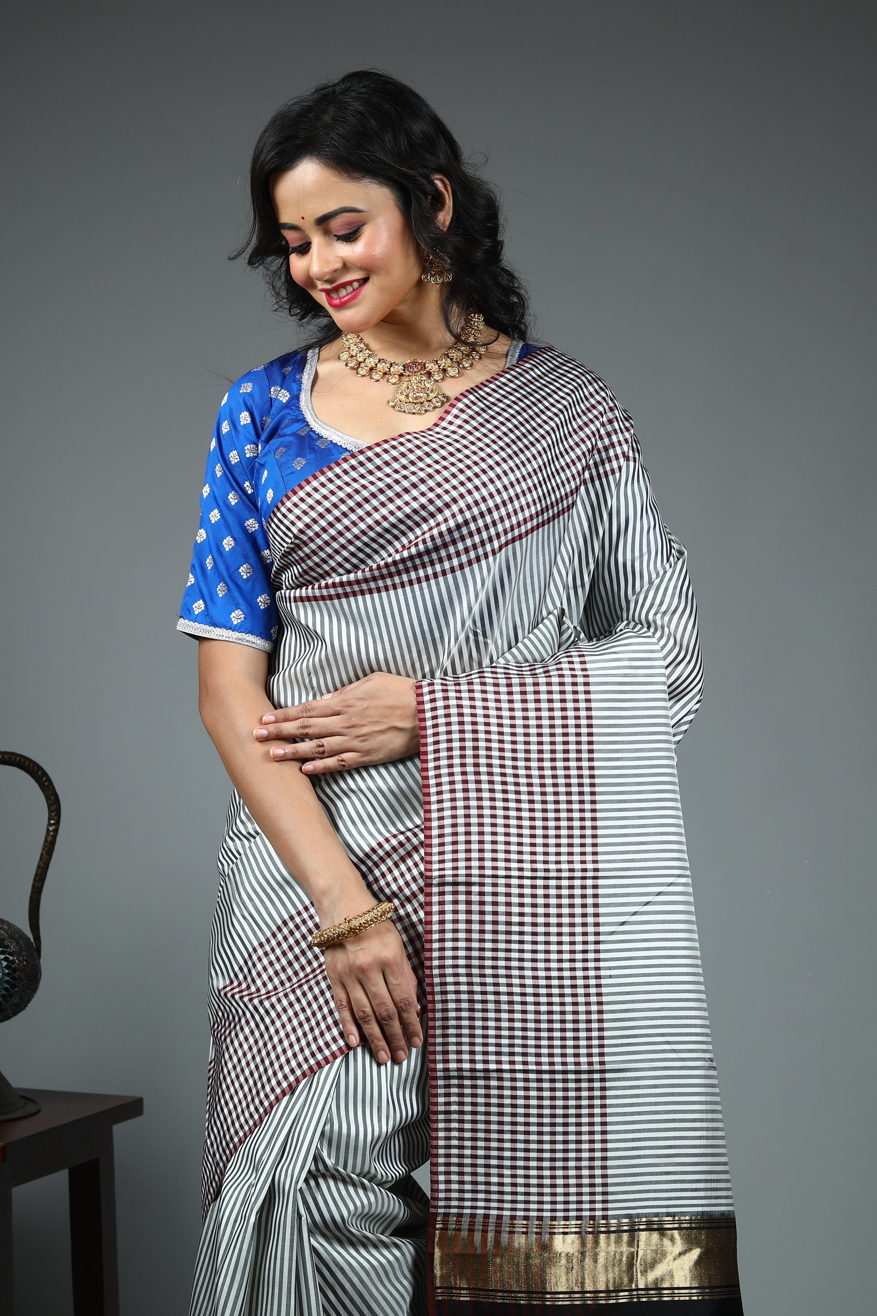White Checkered Pure Kanjivaram Silk Saree