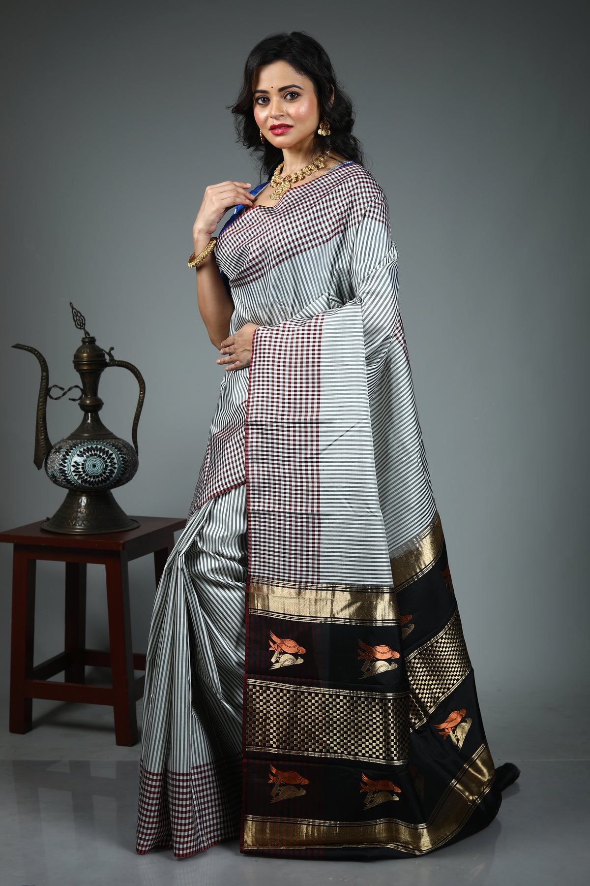 White Checkered Pure Kanjivaram Silk Saree
