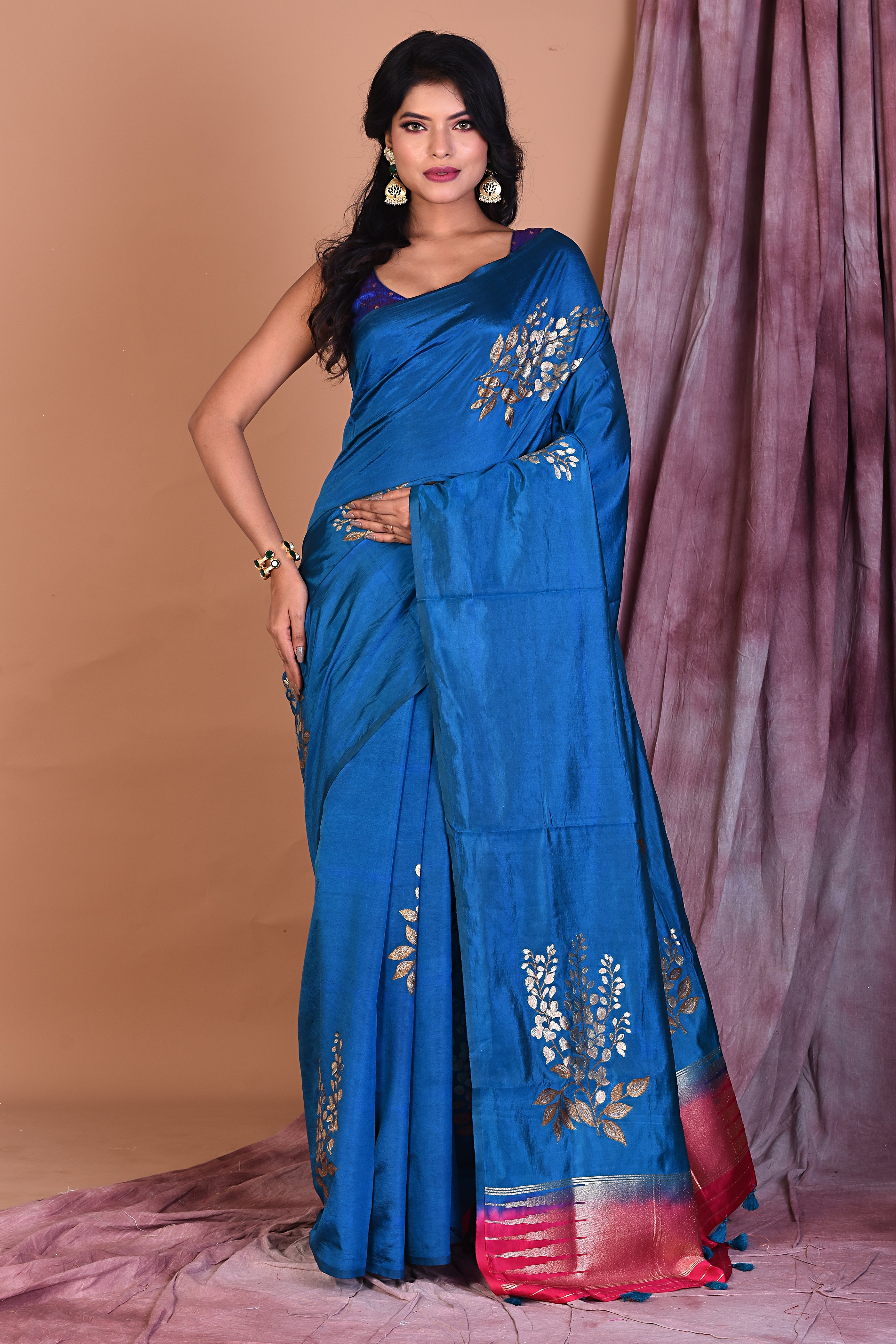 Borderless Blue Blended Silk Saree - Keya Seth Exclusive