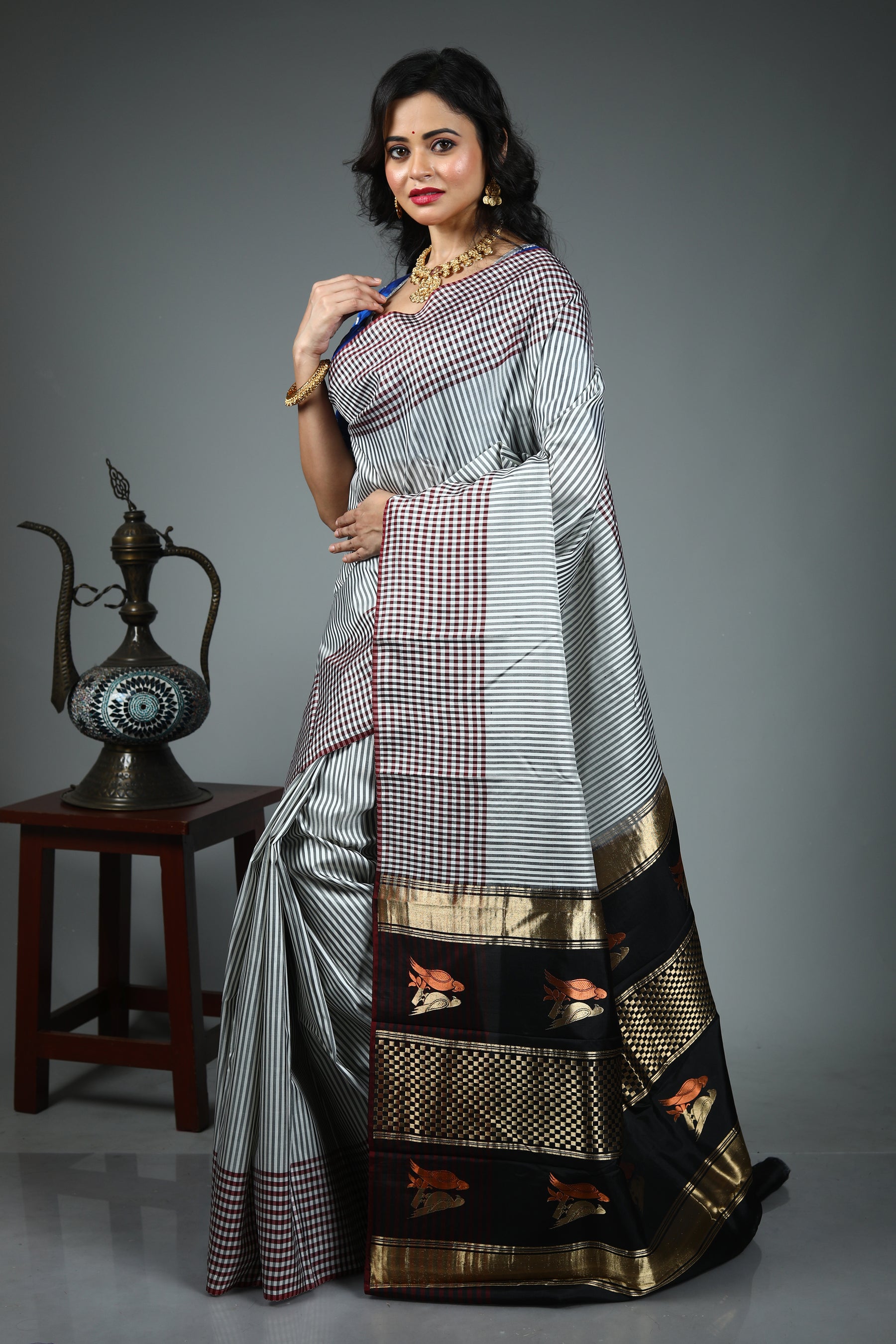 White Checkered Pure Kanjivaram Silk Saree