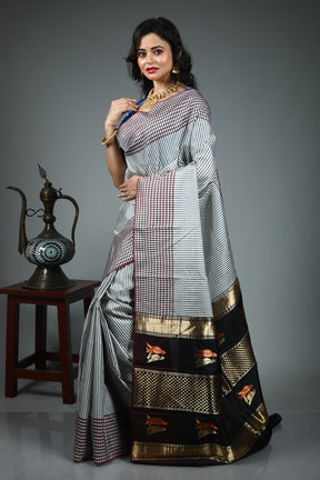 White Checkered Pure Kanjivaram Silk Saree