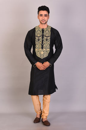 Long Black Silk Kurta with Full Sleeves